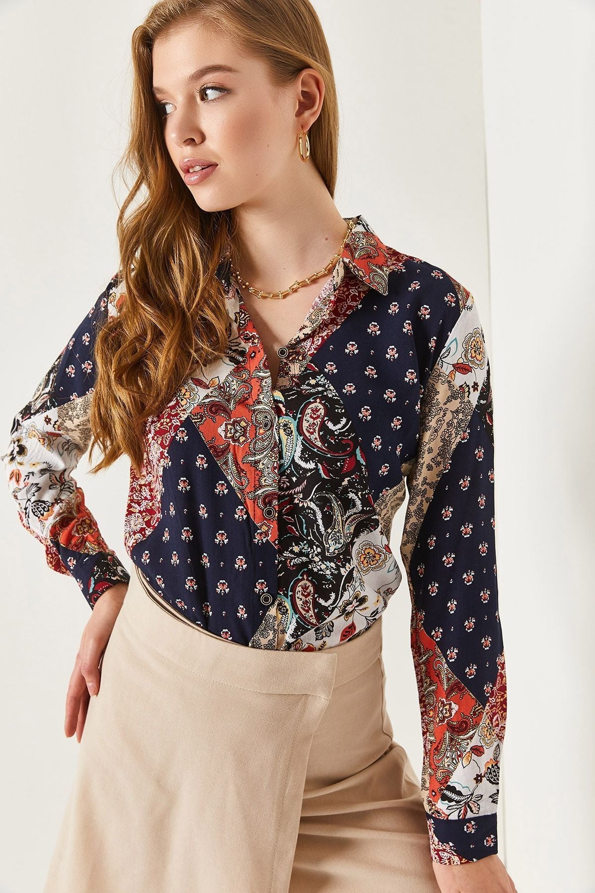 Women's Navy Blue Color Patterned Long Sleeve Shirt ARM-20K001102