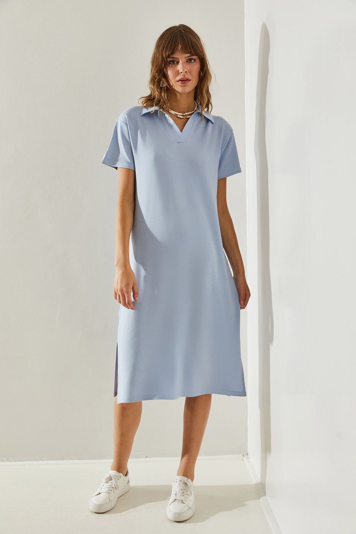 Women's Short Sleeve Neck Detail Slit Basic 5621 Dress 60251367