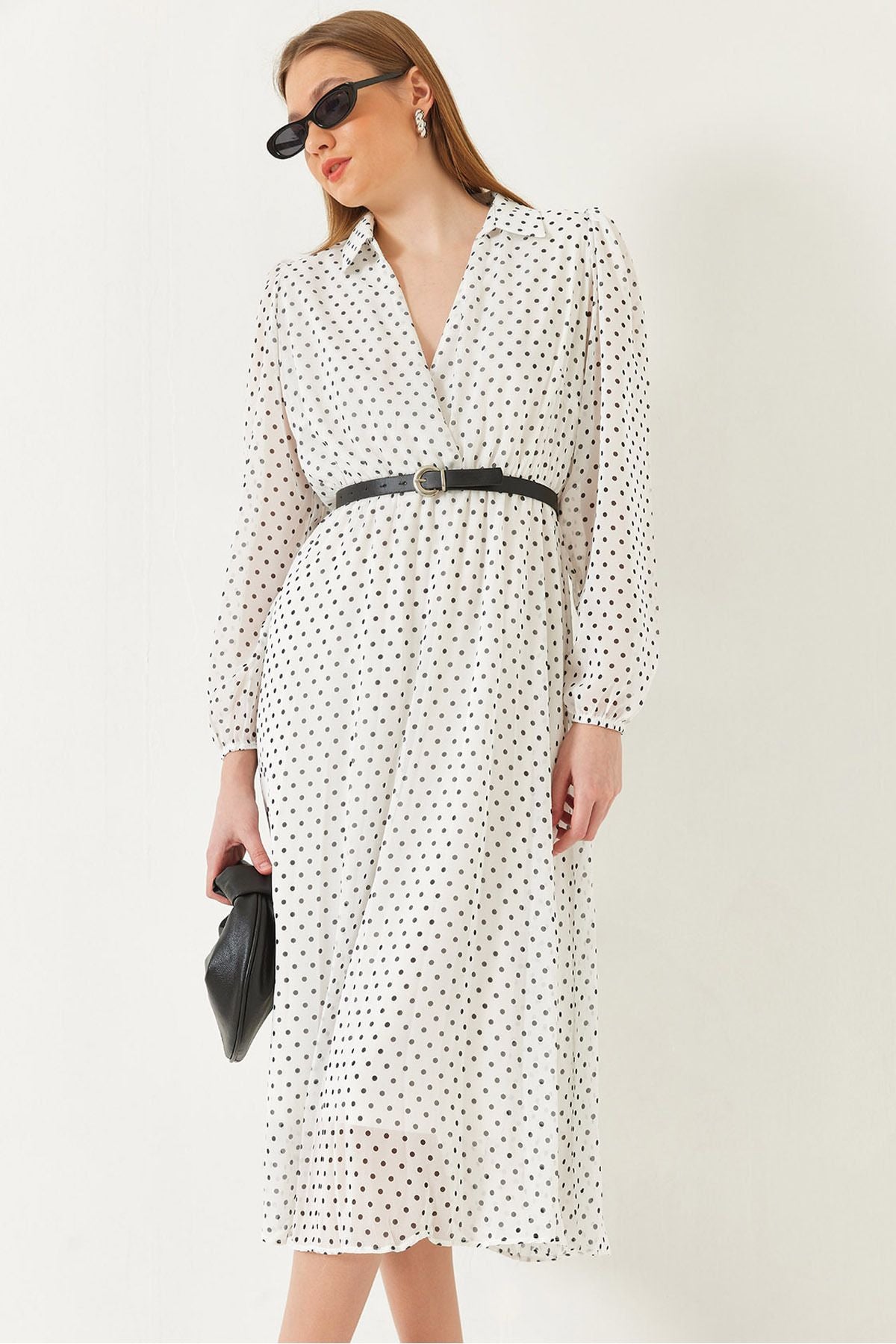 Women's Waist Pekle with a polka dot lined midi woven dress 70295 60271032
