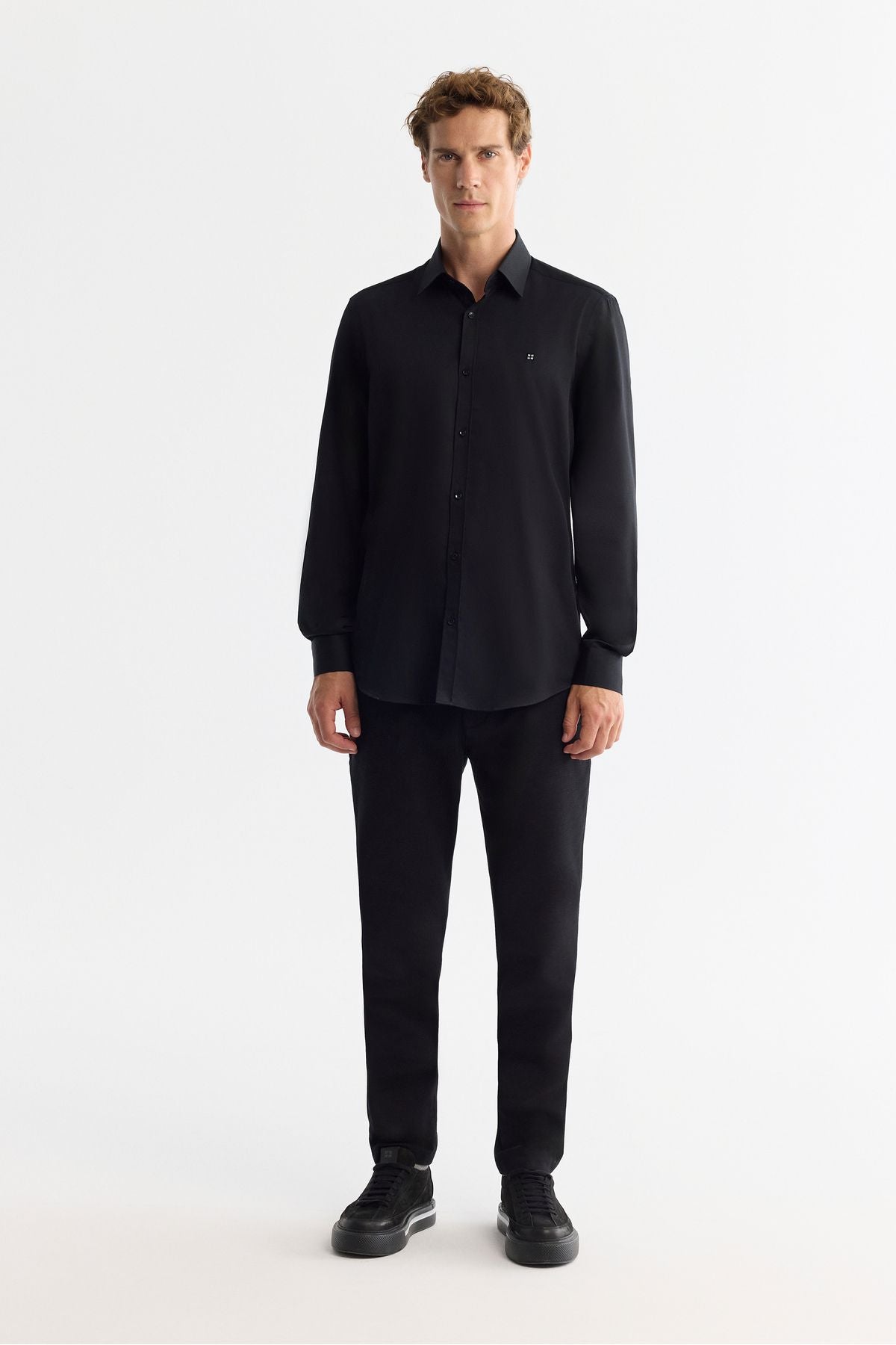 Men's black classic collar 100 %cotton satin shirt B002006