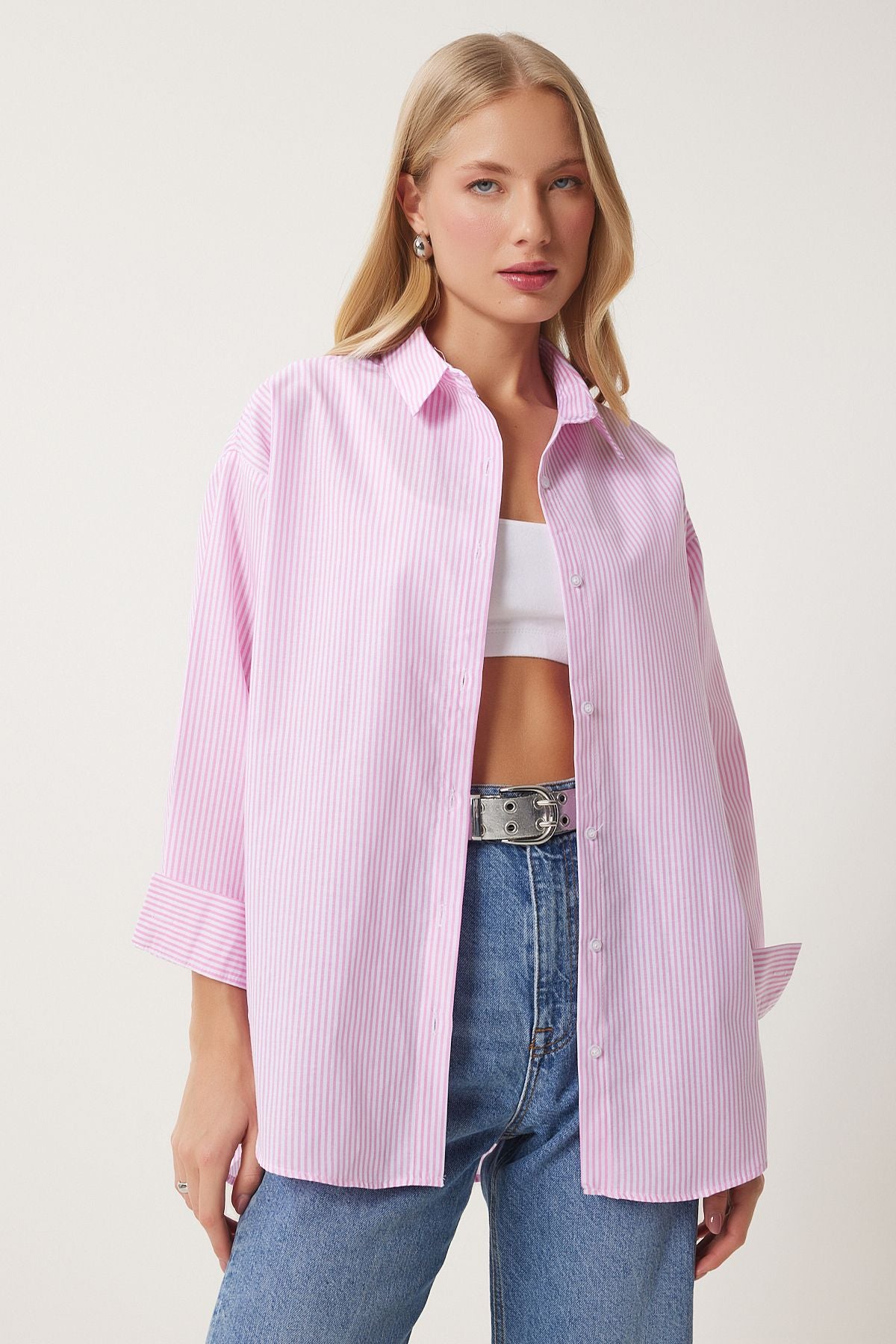 Woman Pink Striped Oversize Long Basic Shirt PX00001