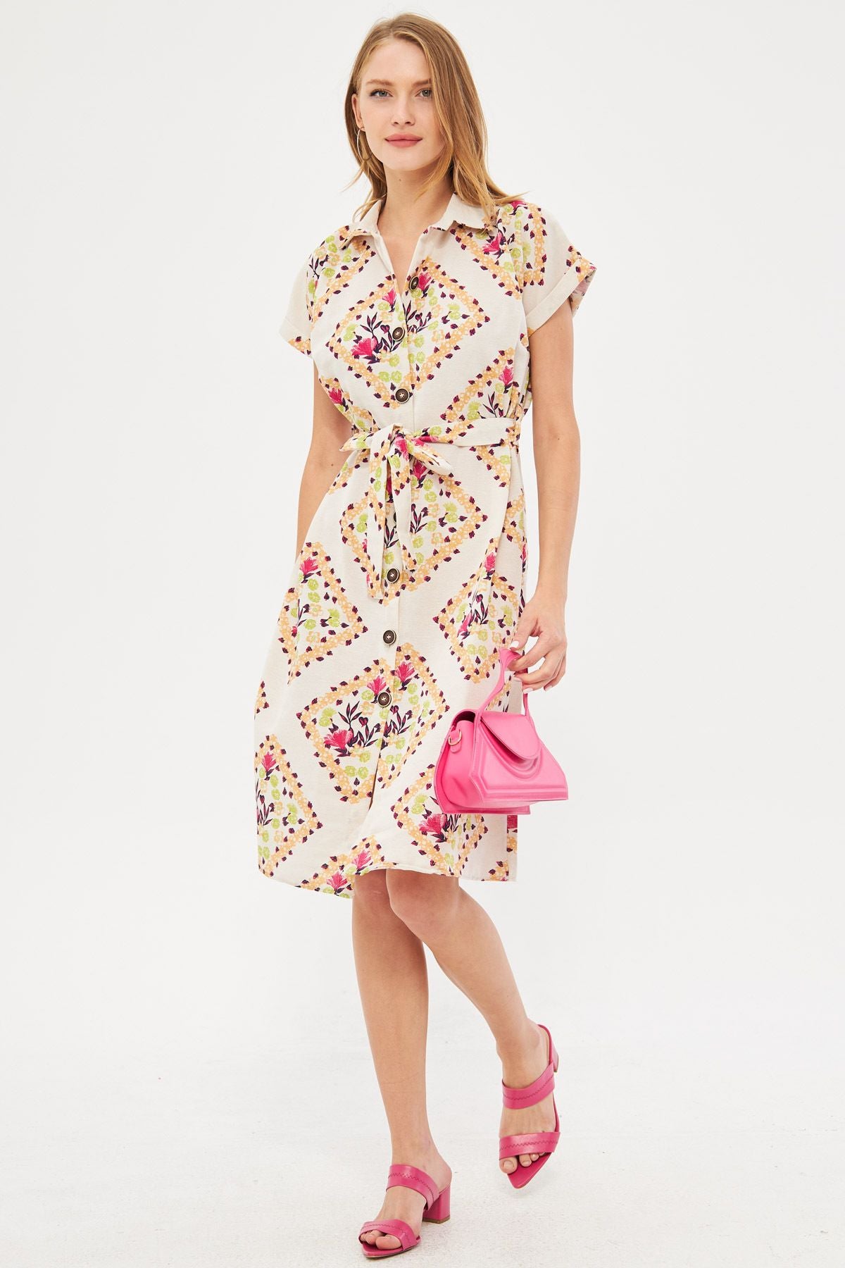 Women's Fuchsia Patterned Linen-looking waist belt short sleeve shirt dress ARM-24Y001108