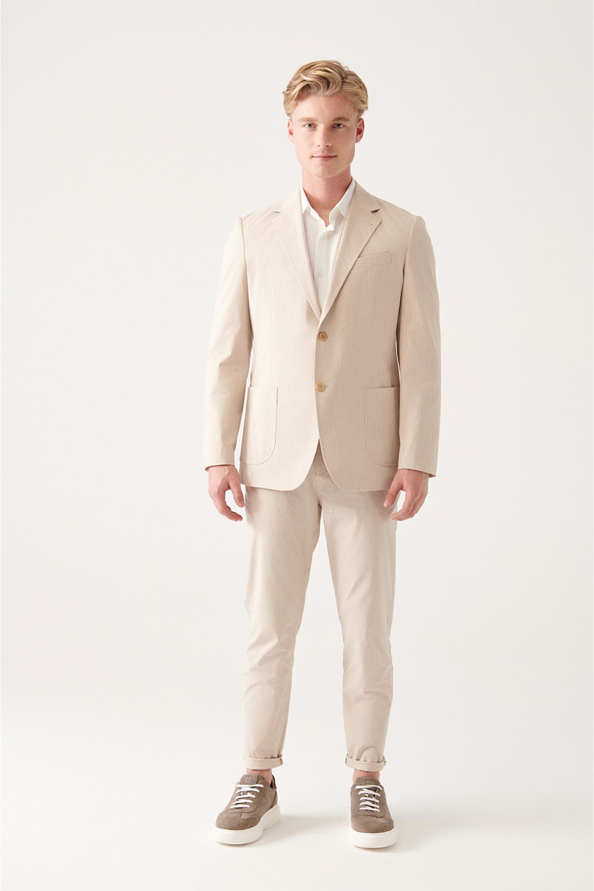 Men's Beige Lined Cotton Mixed Double Slit Jacket A31y4006