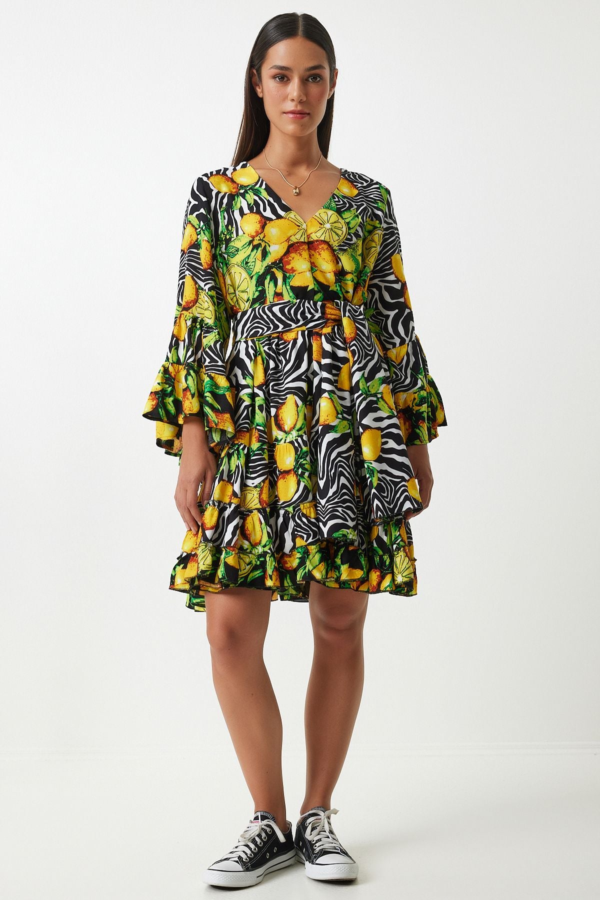 Woman Yellow Black Patterned Summer plenty of viscose dress FN03200