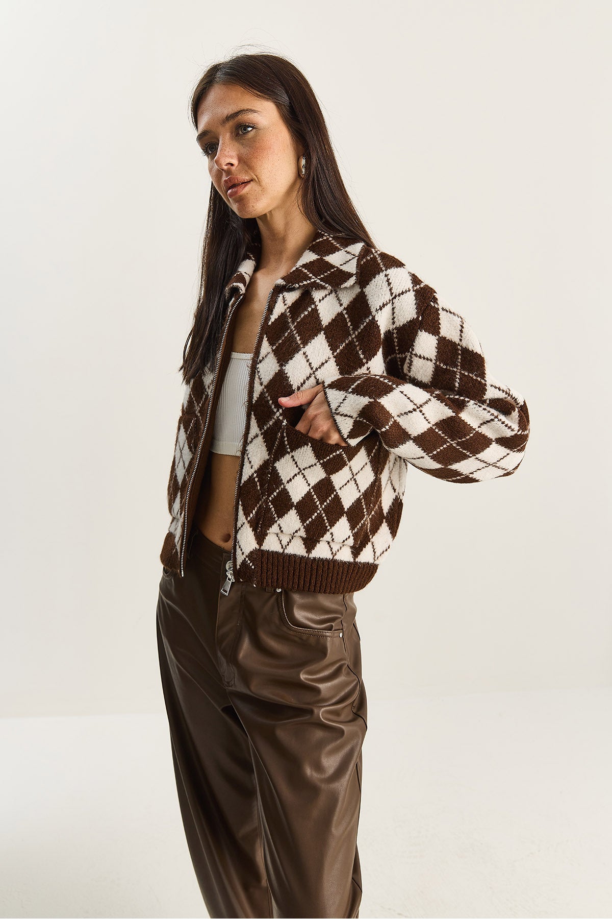 Women's Diamond Patterned Collared Zippered Knitwear Cardigan 20251099