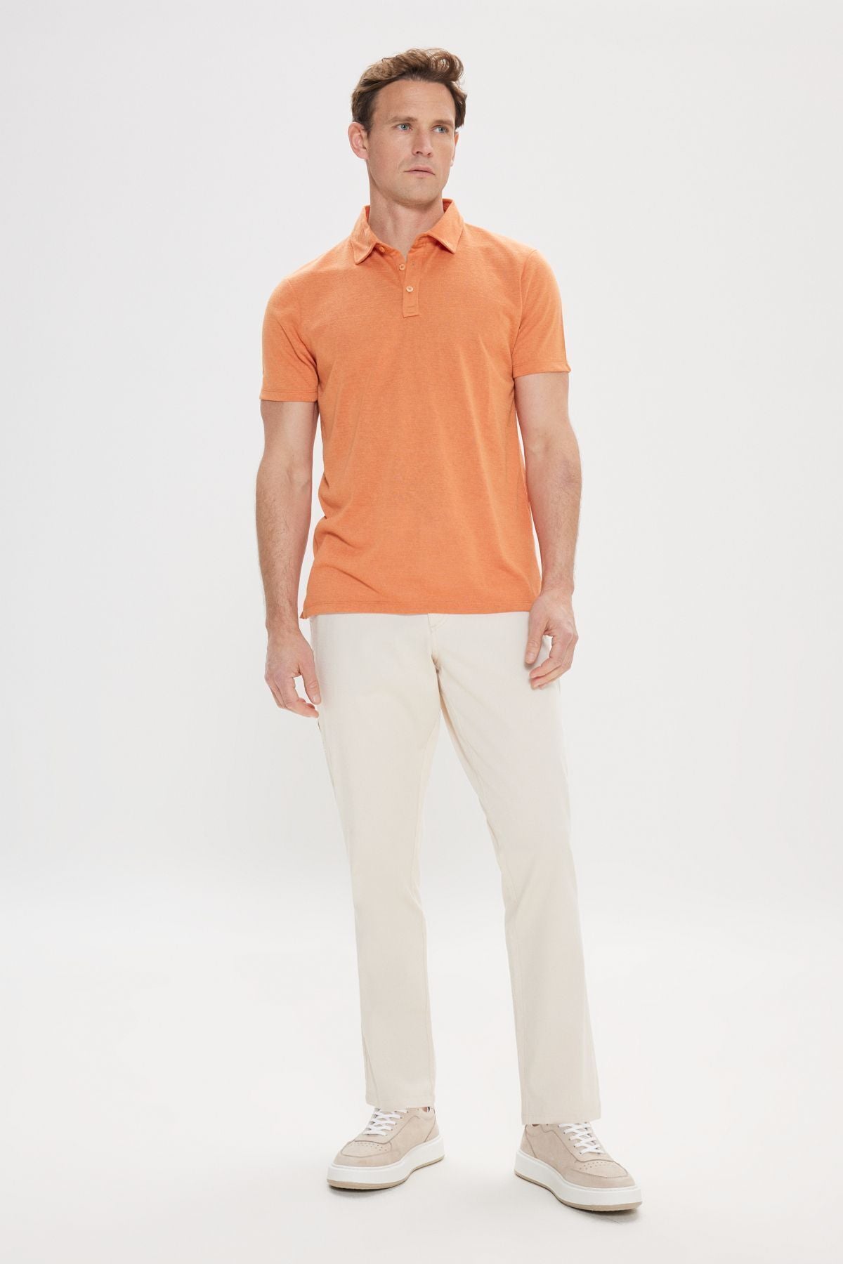 Men's orange slim fit narrow cut polo collar flat casual T -shirt