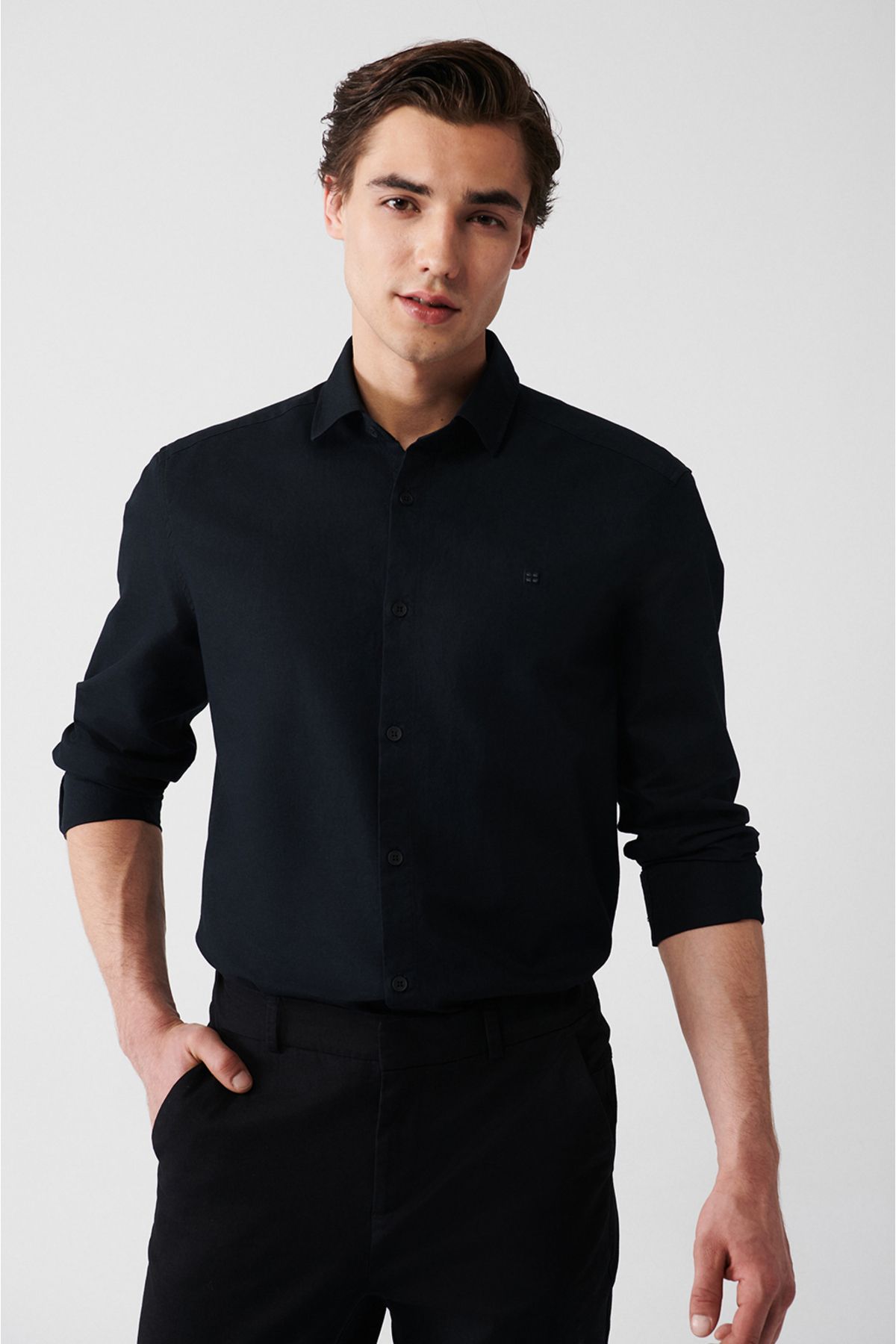 Men's black 100 %cotton classic collar shirt A31y2012