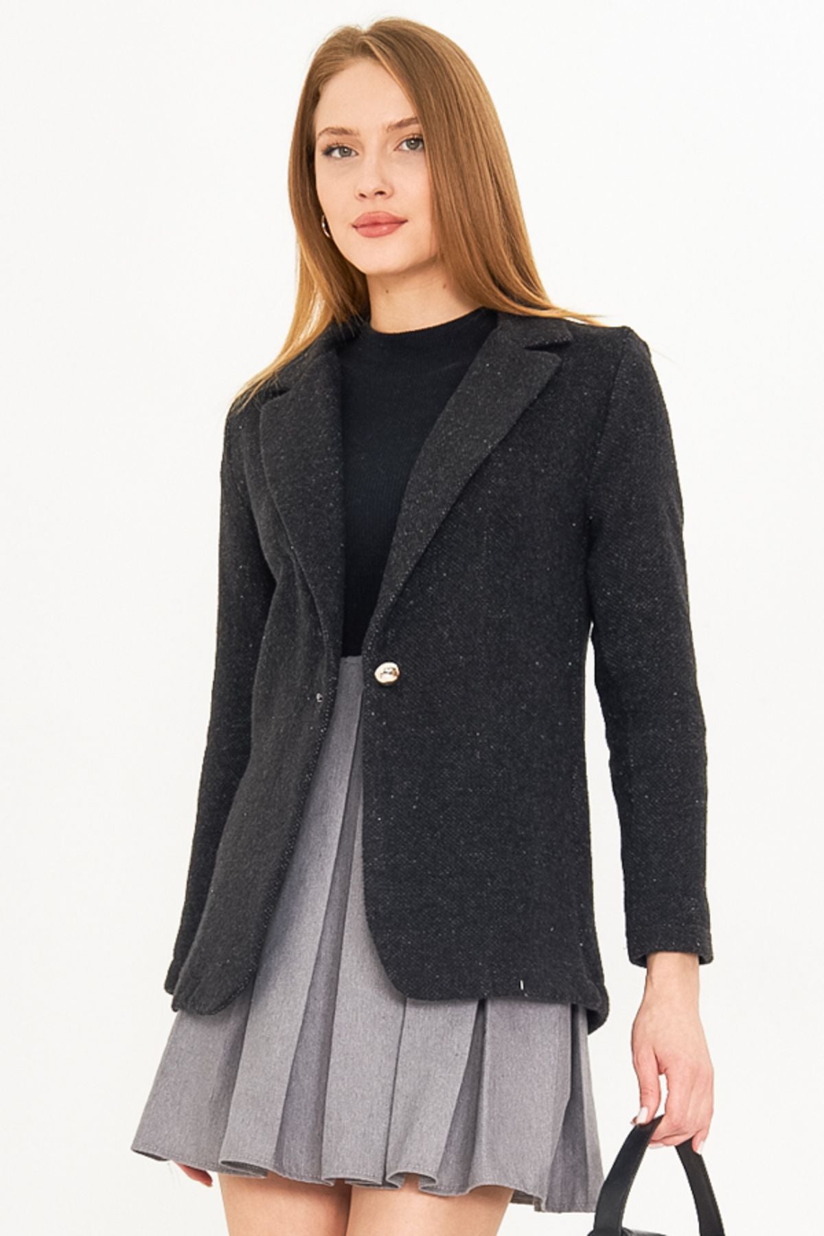 Woman Black Single button Stamp Jacket ARM-25K001082