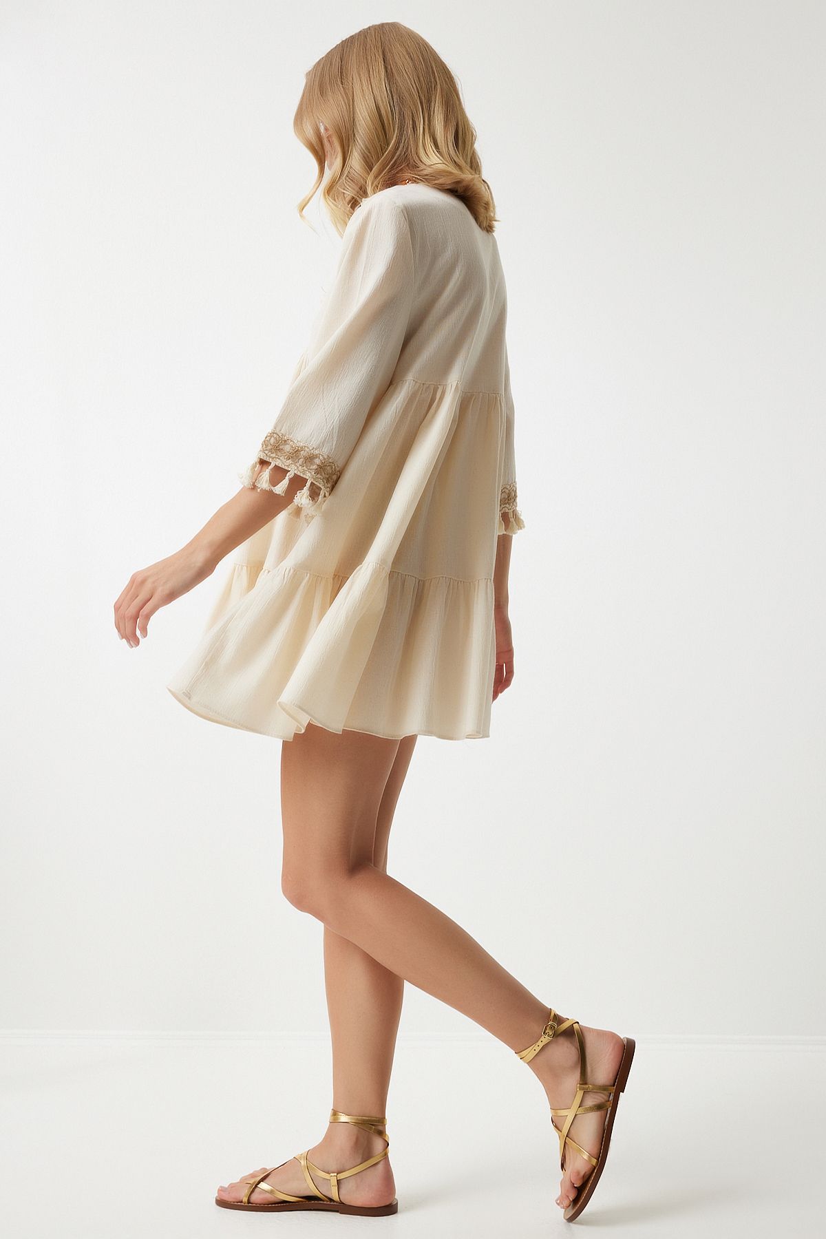 Women's cream v neck tassel detailed mini dress rv00194