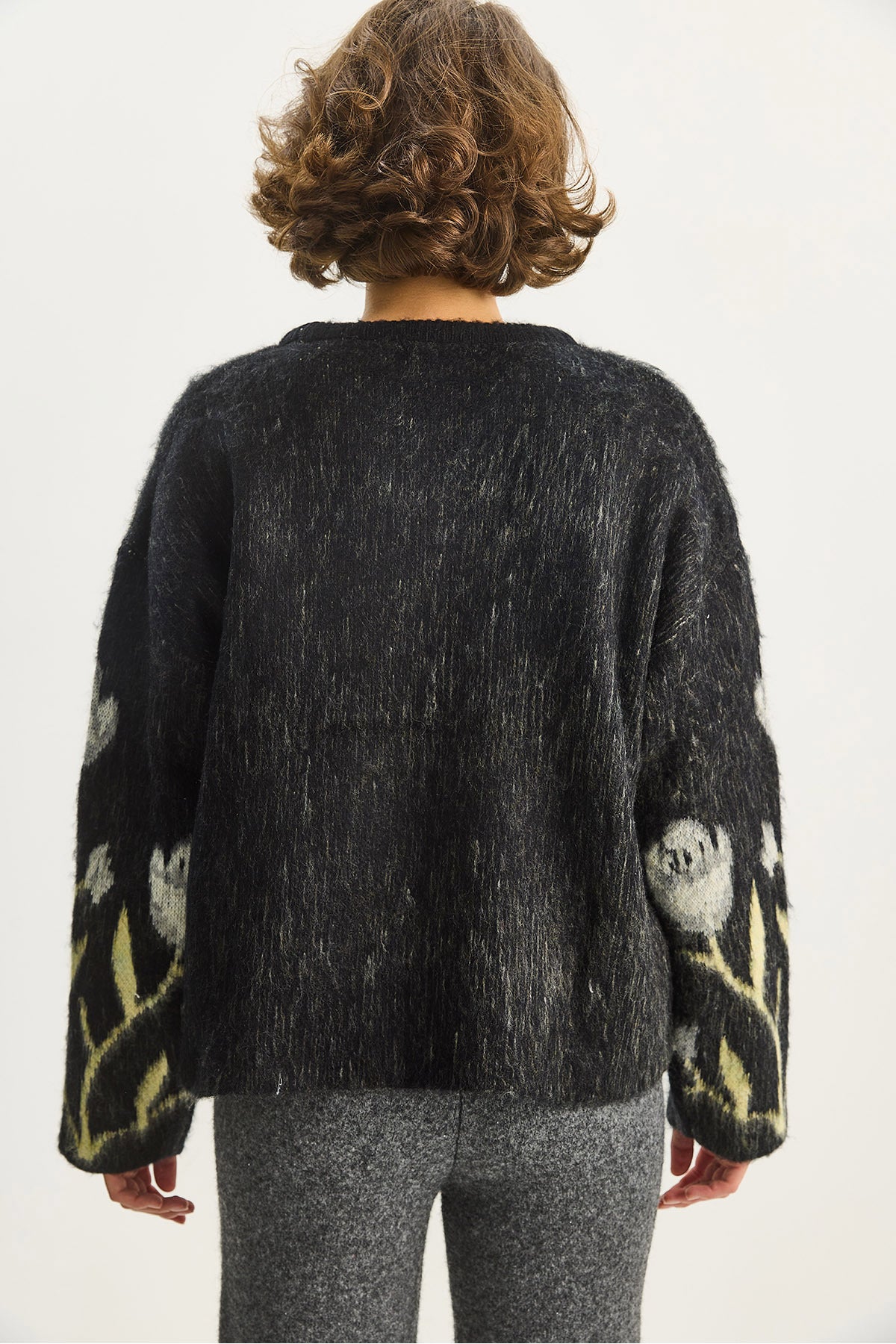 Women's Crew Neck Floral Patterned Rose Gold Oversize Knitwear Sweater 4915 60283587