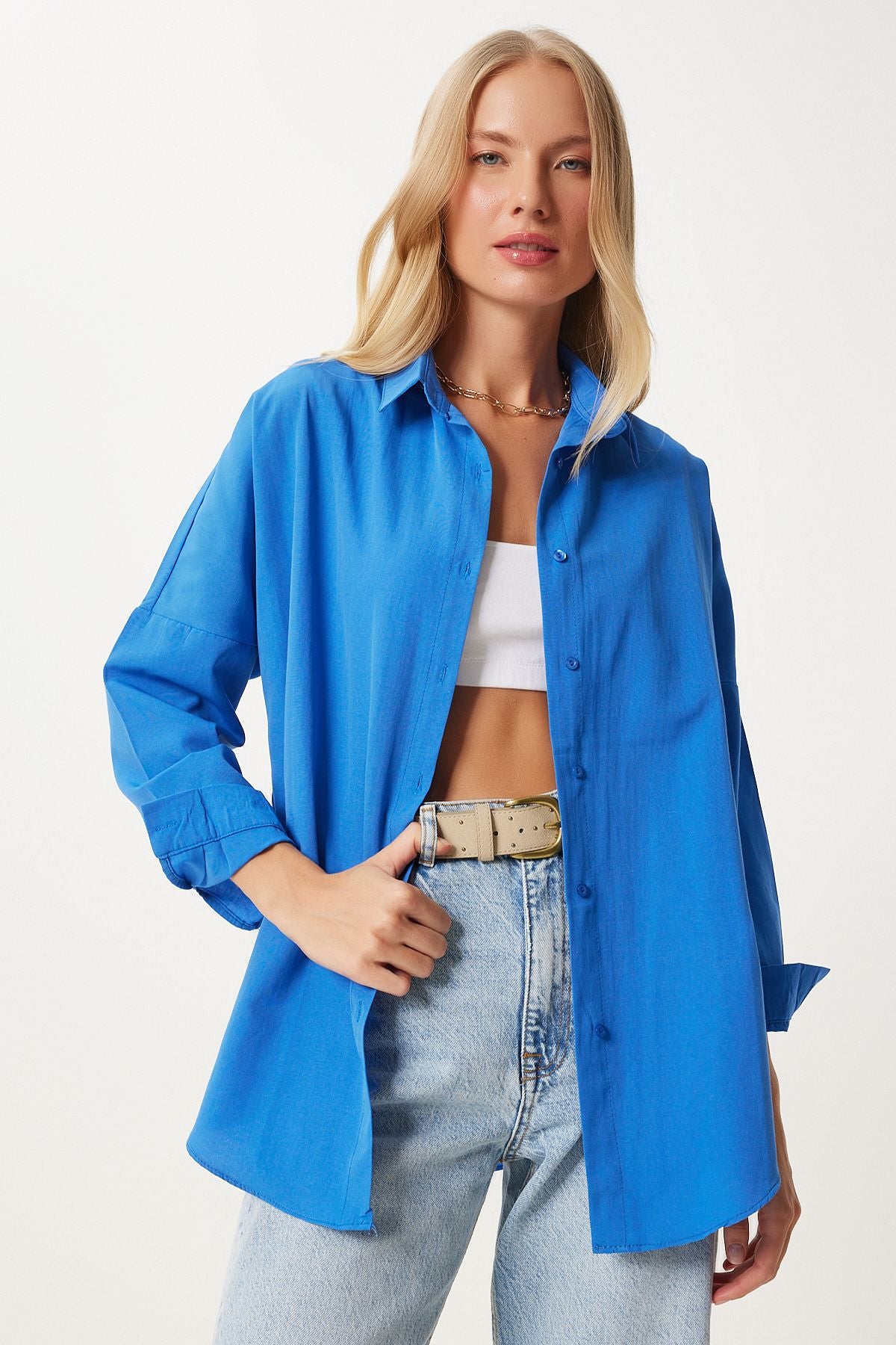 Woman Live Blue Oversize Long Basic Shirt DD00842