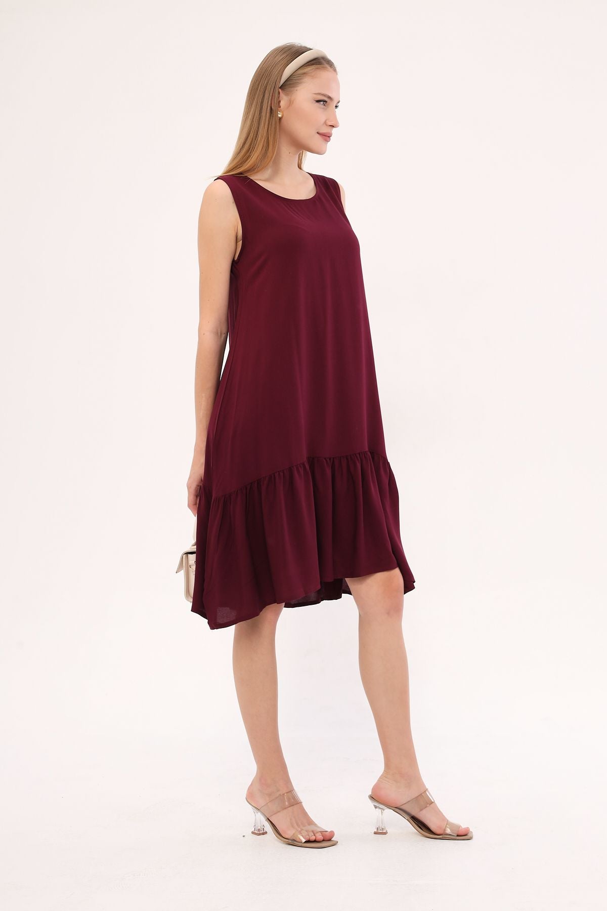 Woman Dark Bordeaux Sleeveless Skirt Ruffle Dress Arm-18y001156