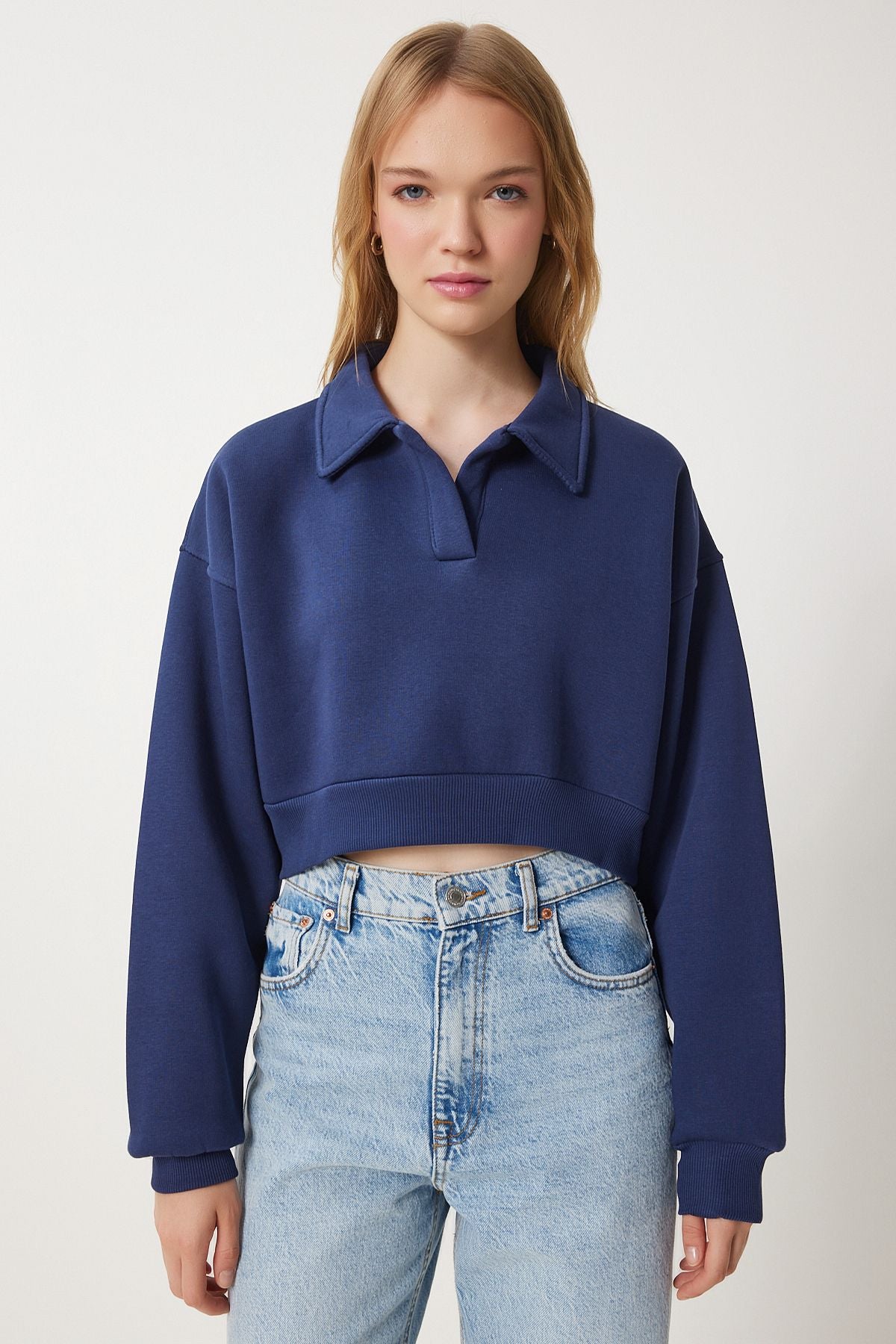 Woman Navy Blue Polo Collar Crop Knitting Sweatshirt HW00014