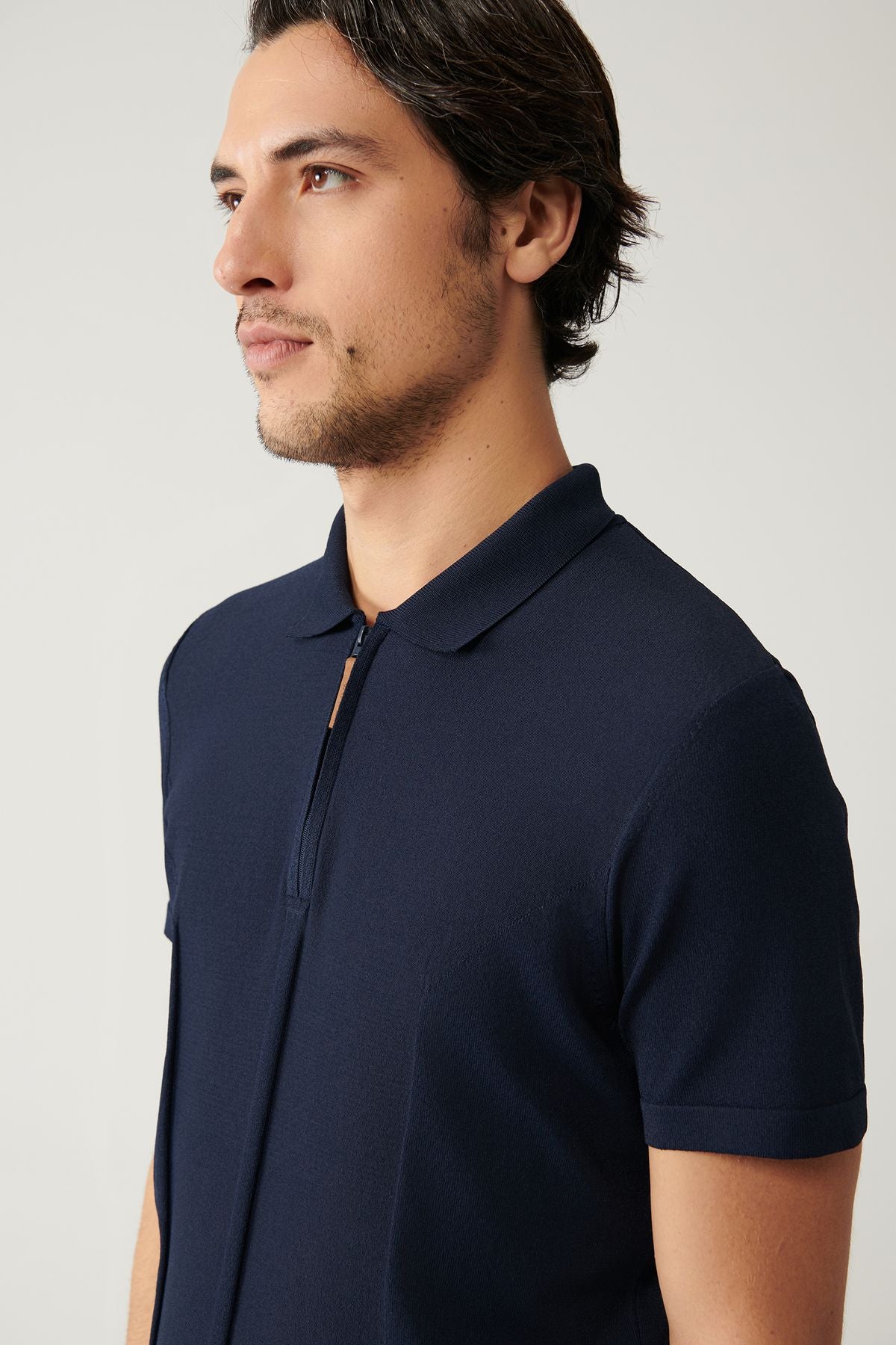 Men's navy blue zipper rayon Polo Yaka Triko T-shirt A41y5106