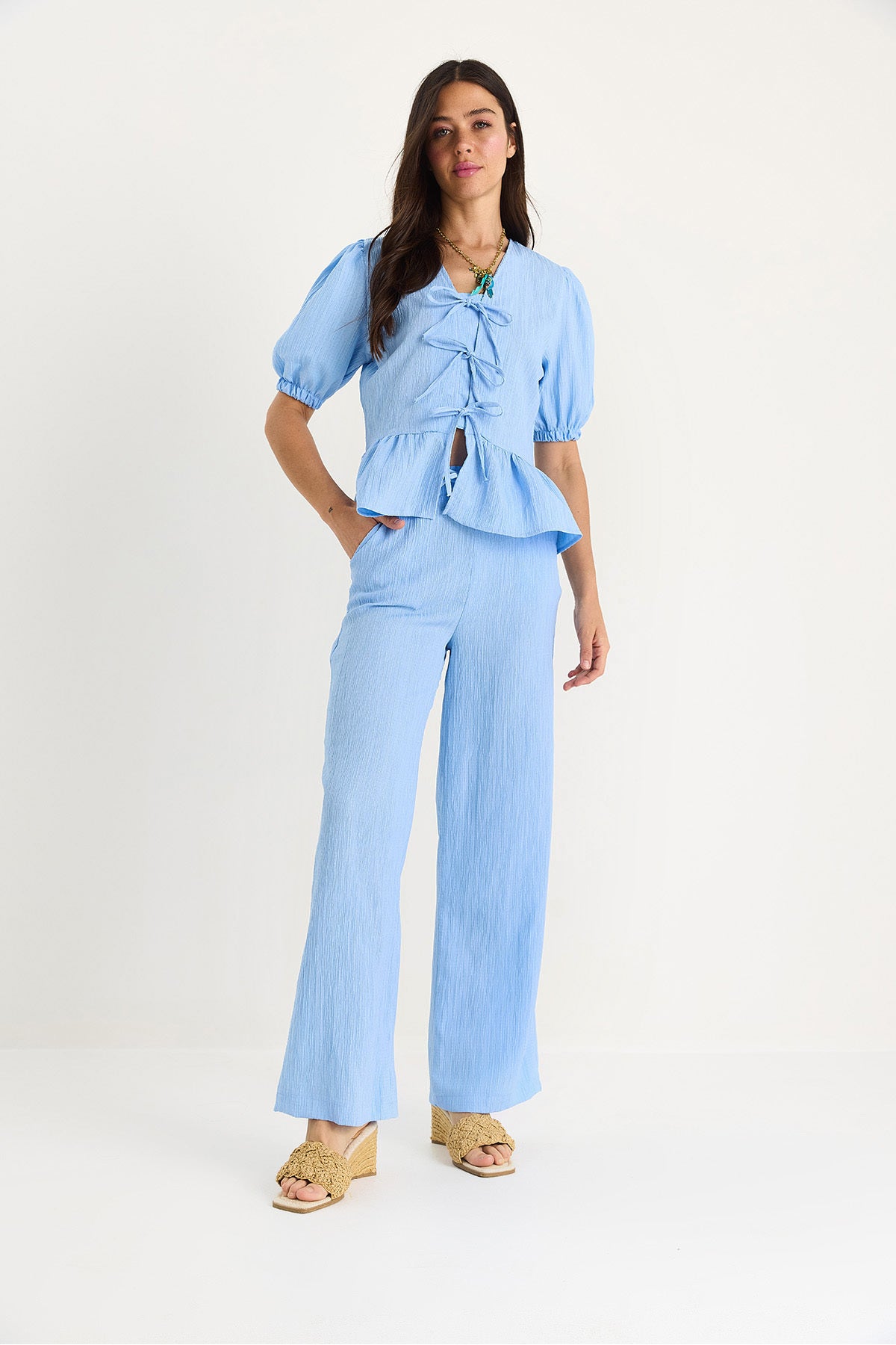 Women's Blouse with Tie Detail and Elastic Sleeves Trousers Wrap Suit 8015 60283448