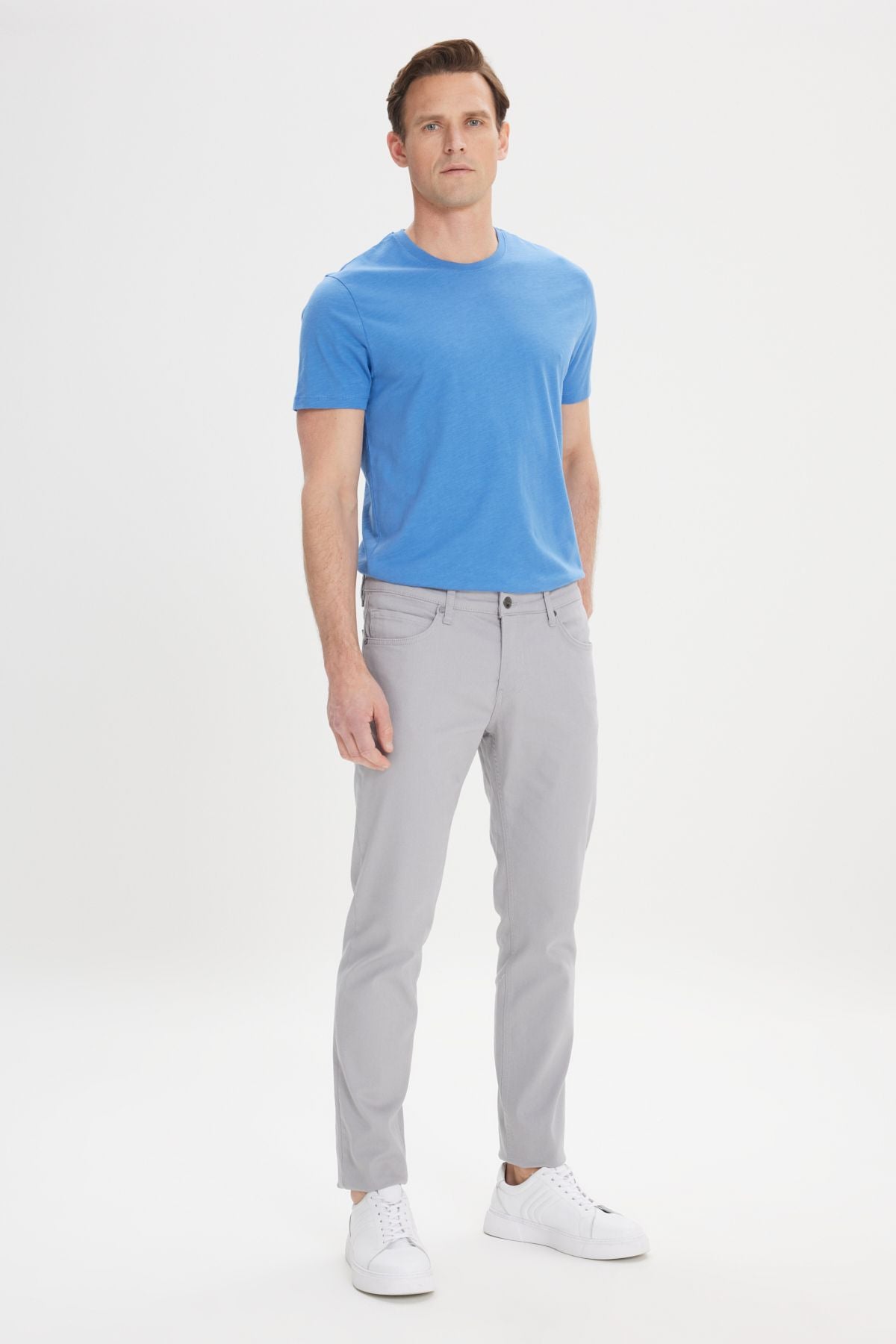 Men's gray 360 degrees stretching in all directions slim fit narrow cut diagonal flexible patterned pants