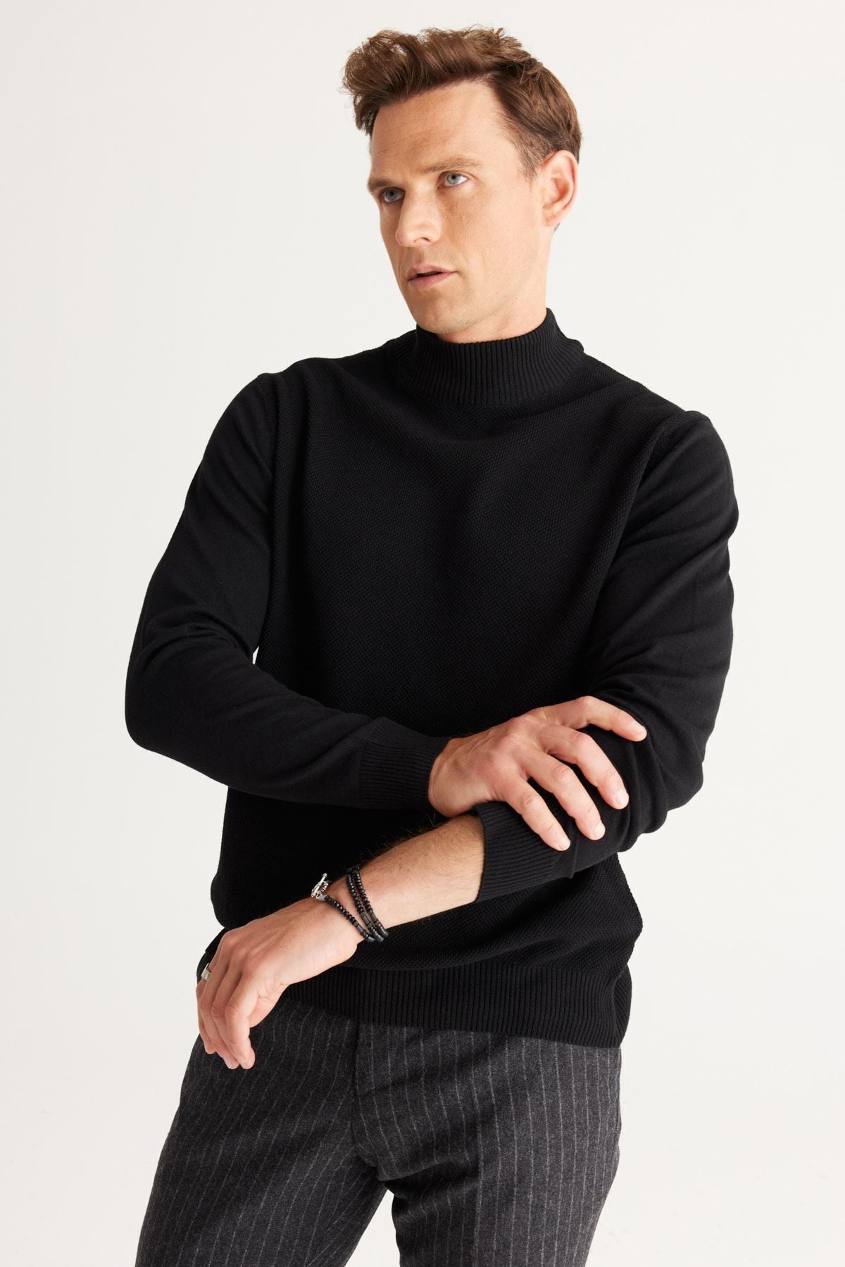 Men's Black Standard Fit Normal Cut Half Fisherman Neck Cotton Knitwear Sweater