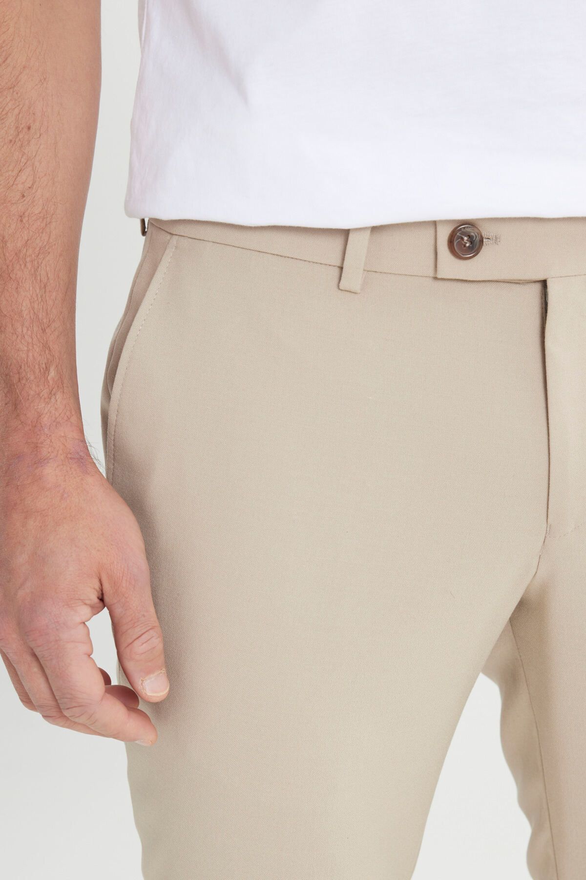 Men's Beige Slim Fit Italian Cutting Side Pocket Flexible Casual Pants