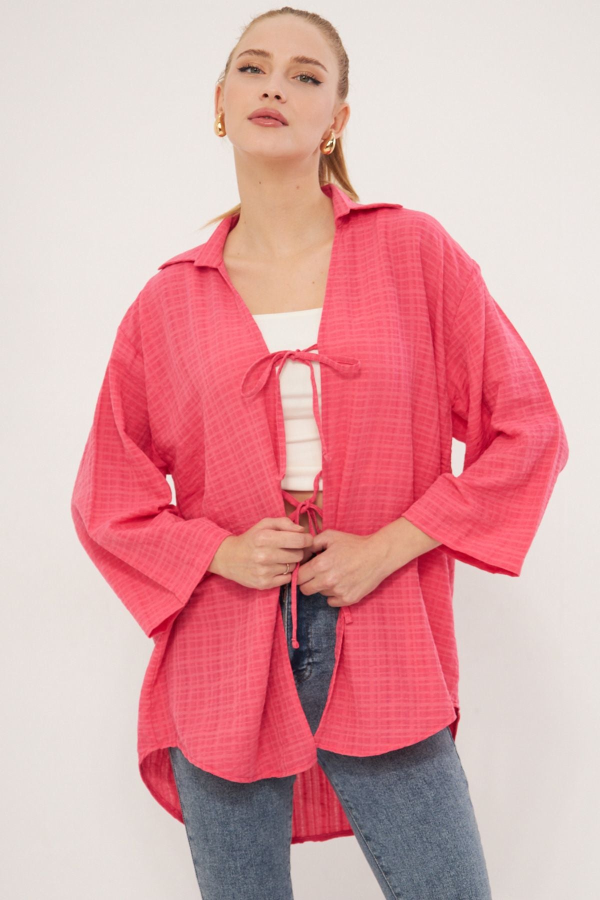 Fuchsia shirt collar with front lace-up kimono shirt ARM-25K001006