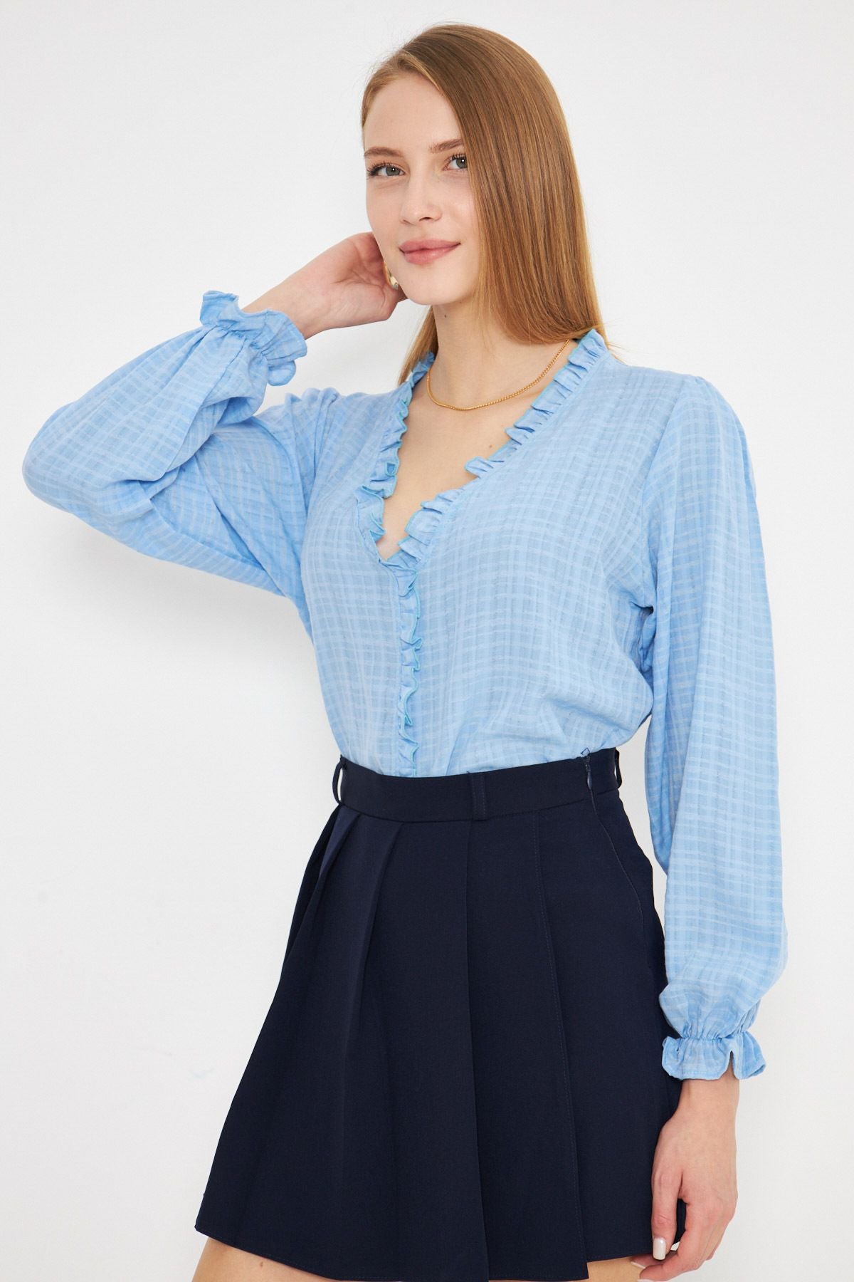 Female Baby Blue Side and Ruffle Detailed Arms with Rubber Long Sleeve Blouse Arm-25k001030