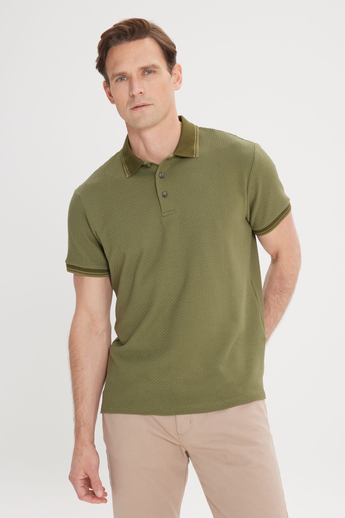 Men's Khaki Slim Fit Narrow Cut 100 %Cotton Polo Yaka Amelor T -shirt