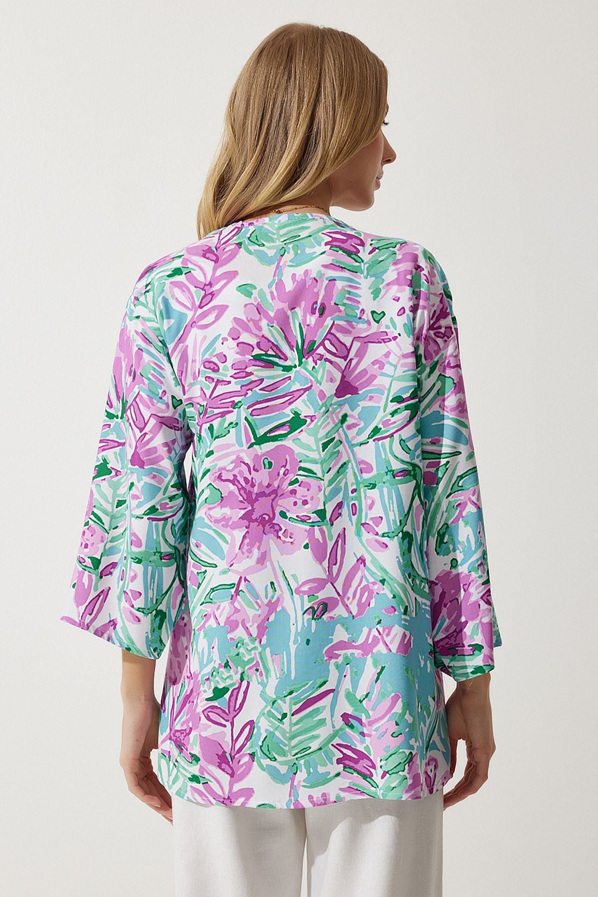 Female Cagla Green Pink Patterned Viscose Kimono EN00615