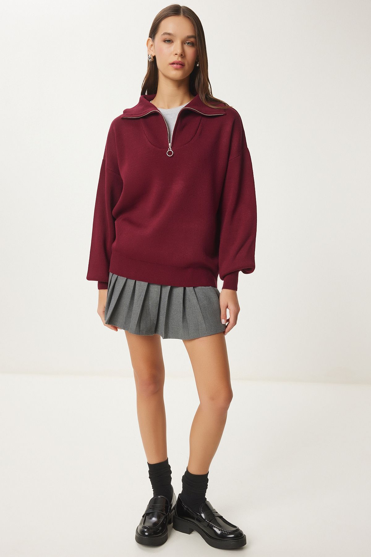 Female Bordeaux Zippered Neck Basic Knitwear Kazakh PF00007