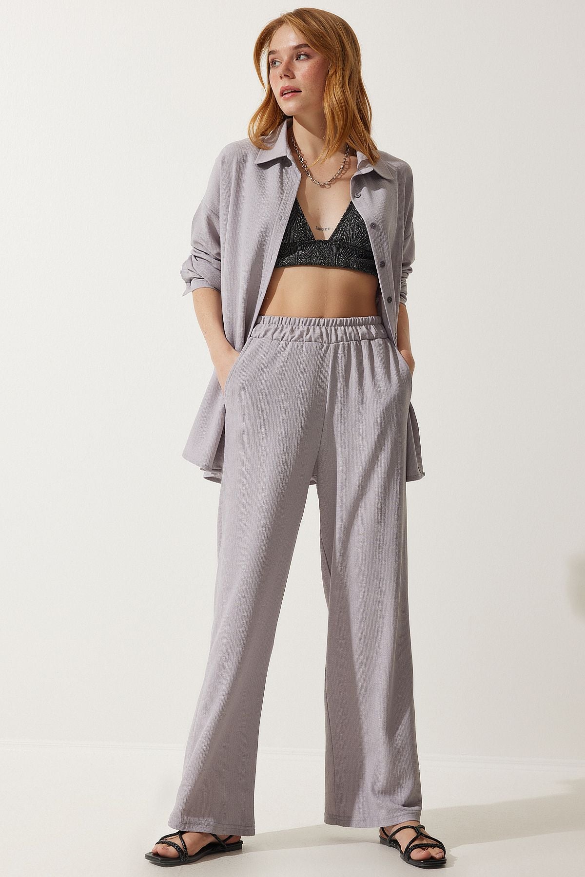 Women's gray comfortable knitted shirt pants set KH00090