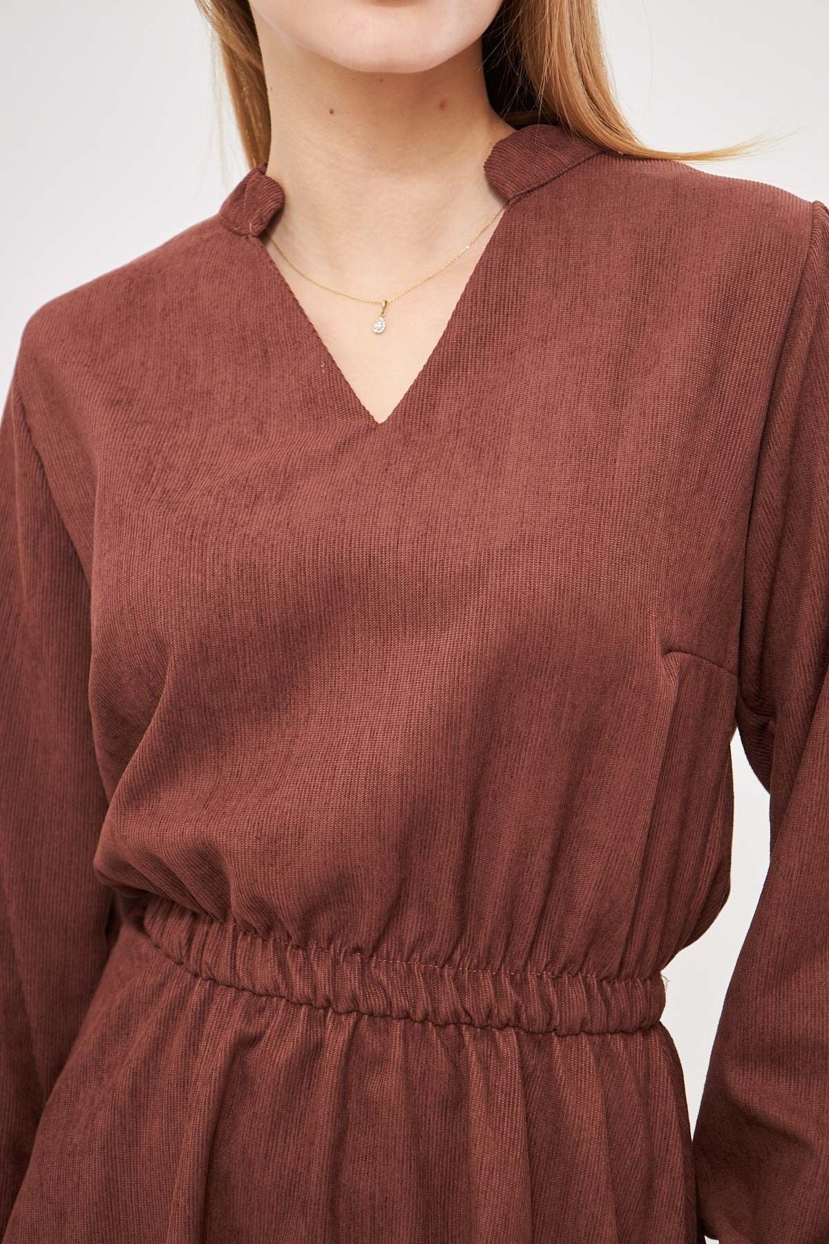 Female Coffee Velvet V-Yaka Waist Fine Wick with Rubber Red Clash Dress ARM-25K001049