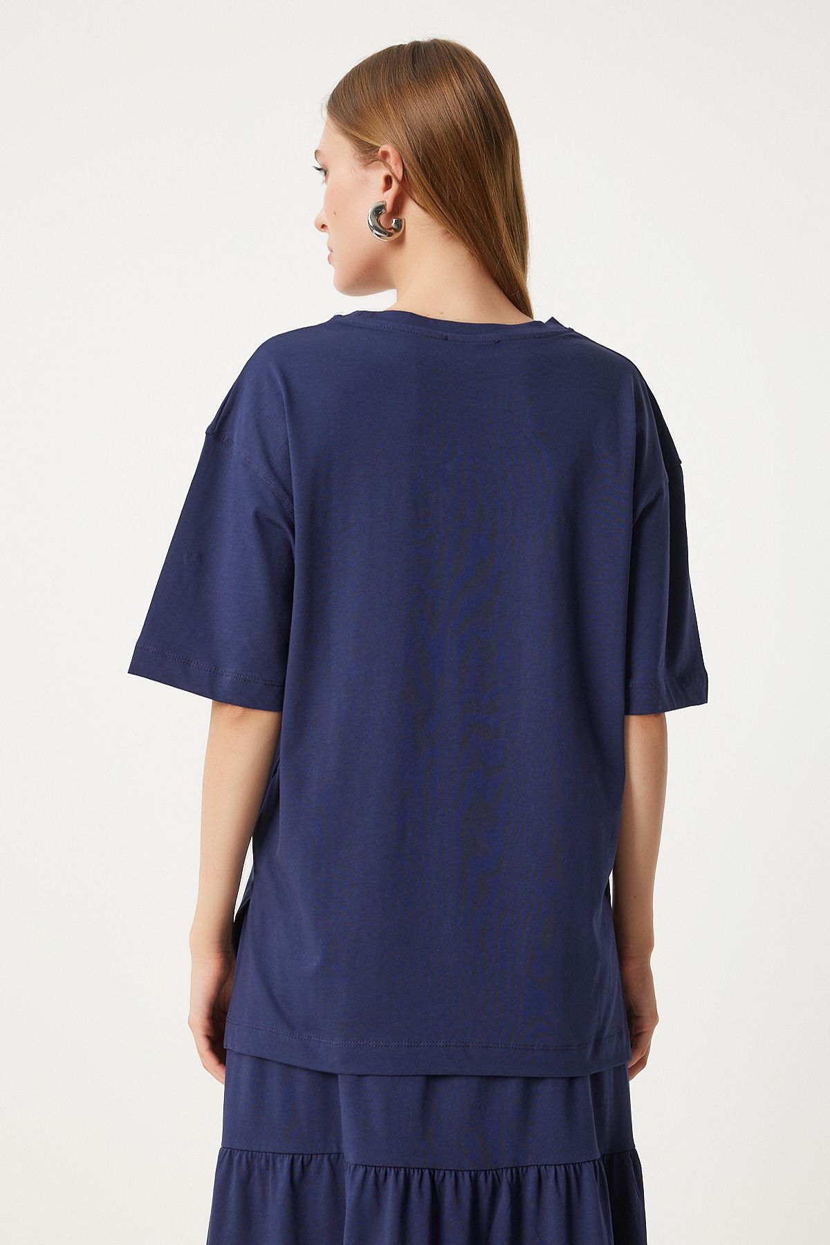 Woman Navy blue Oversize T-shirt Volan knitted skirt set UB00291