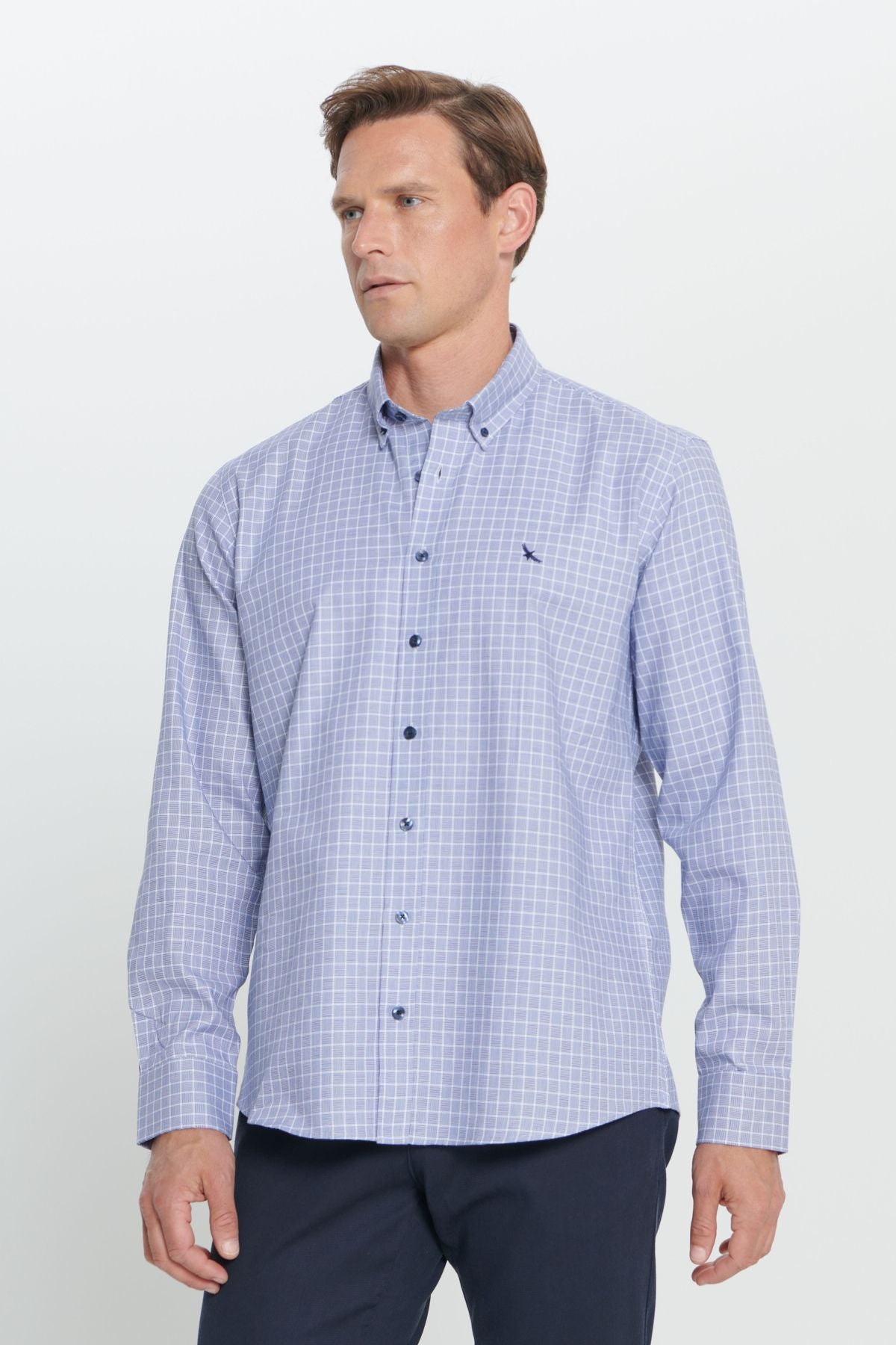 Men's navy blue-white regular fit comfortable cut buttoned collar checkered shirt