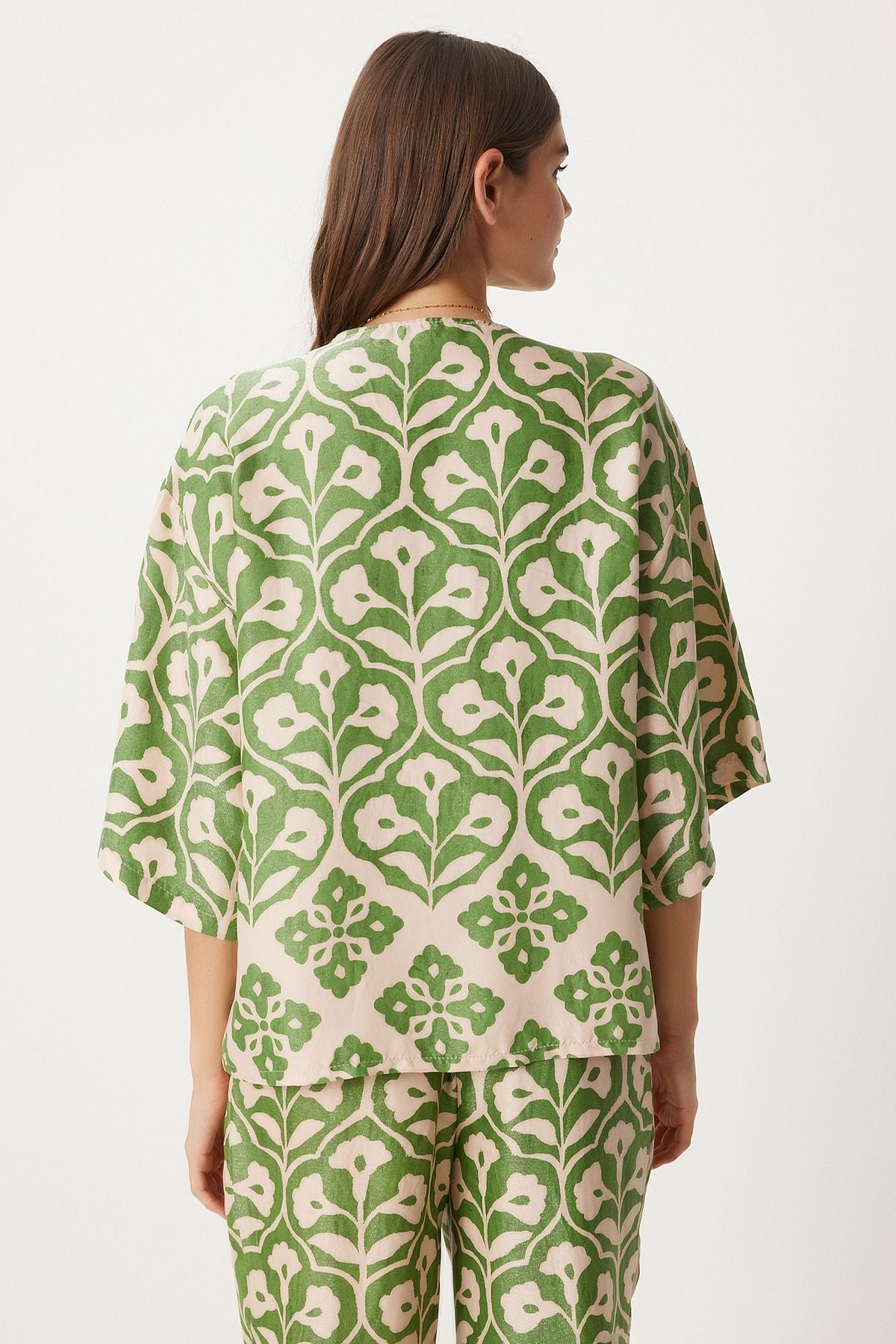 Female Green Cream Patterned Viscose Blouse Palazzo Set FN03278