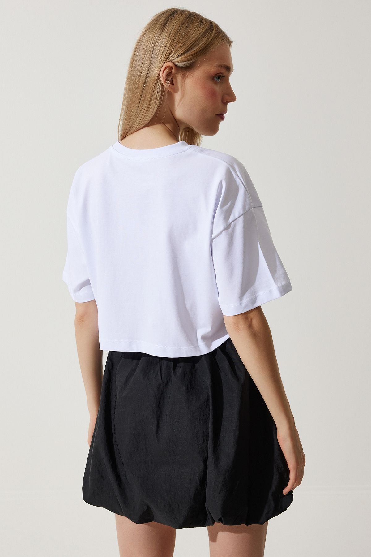 Woman White 100 %Cotton Oversize Crop knitting T-shirt BP00164