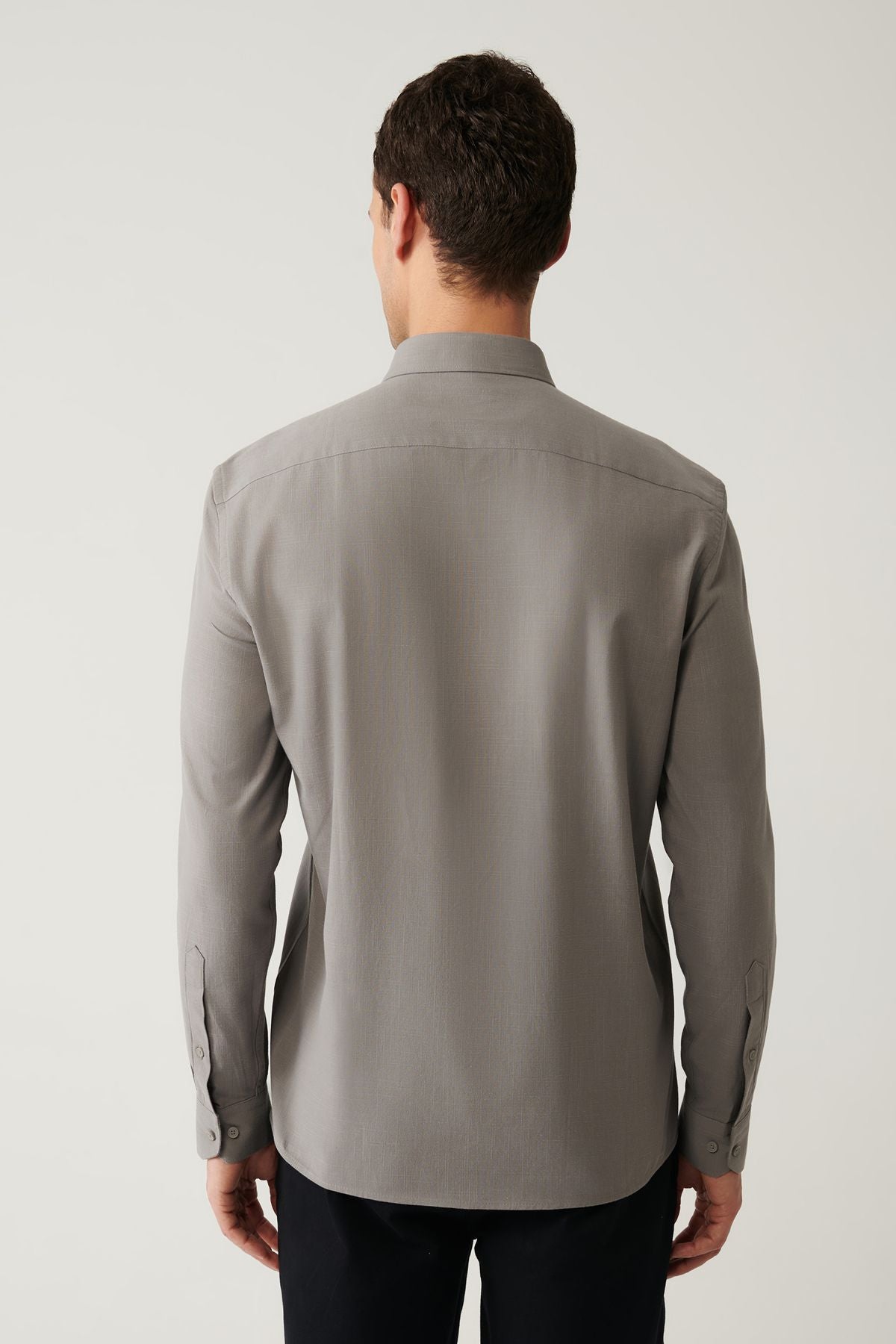 Men's anthracite buttoned collar 100 %cotton linen textured shirt E002141