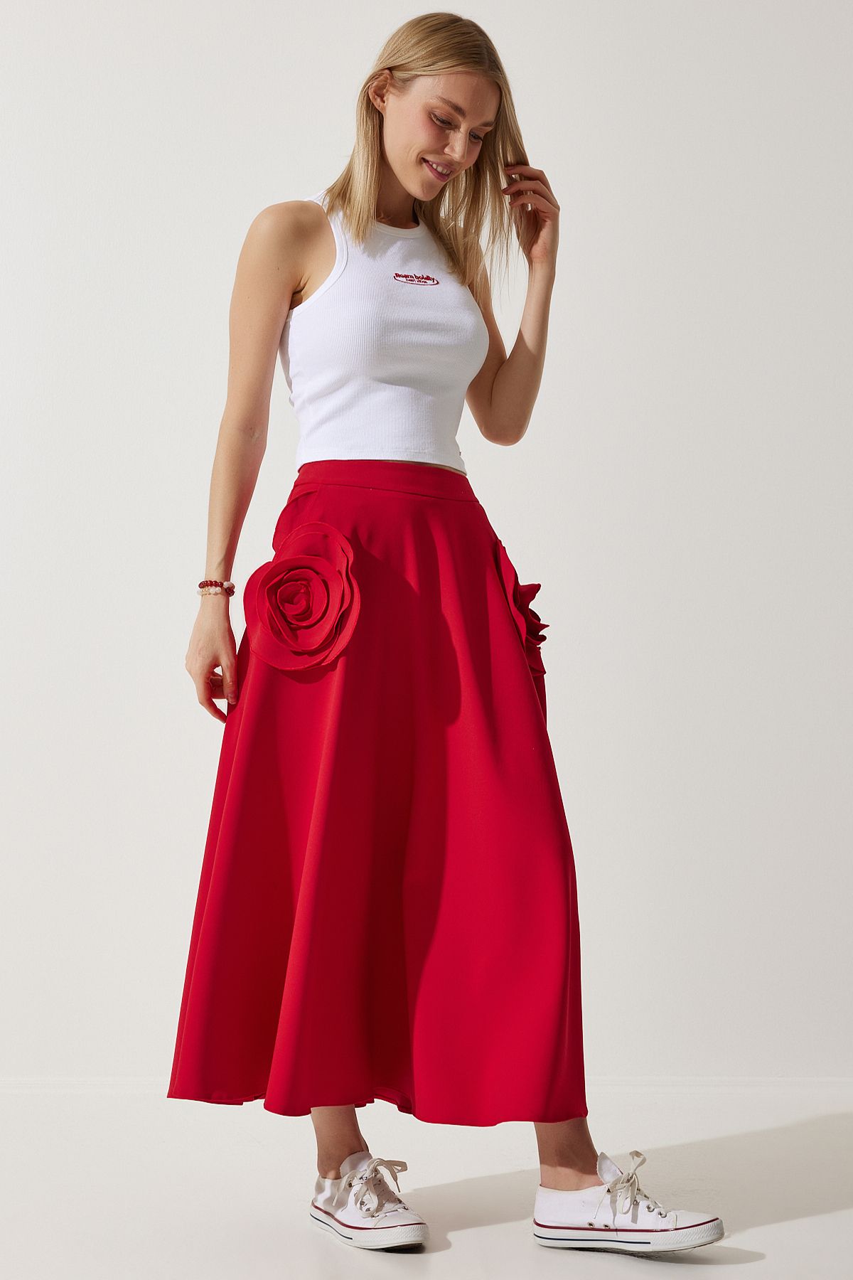 Female Red Rose Accessory Design Premium Midi Skirt FK00007