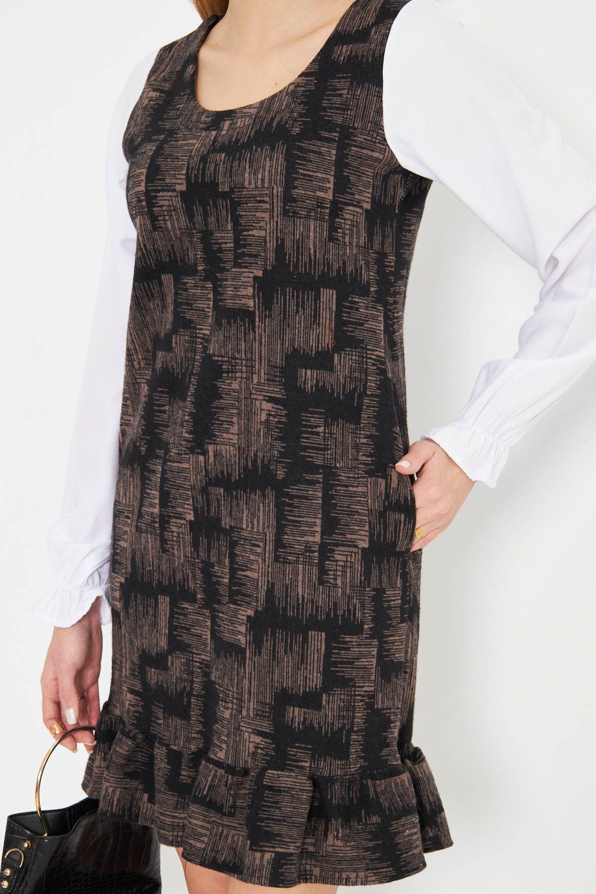 Female mink u collar skirt ruffle detailed long arm pocket dress ARM-25K001052