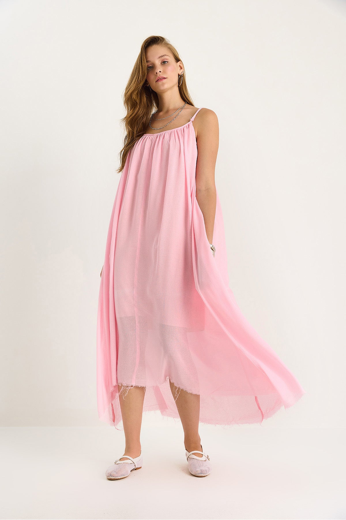 Women's Thin Strap Casual Lined Cotton Summer Long Dress 5971 60281106