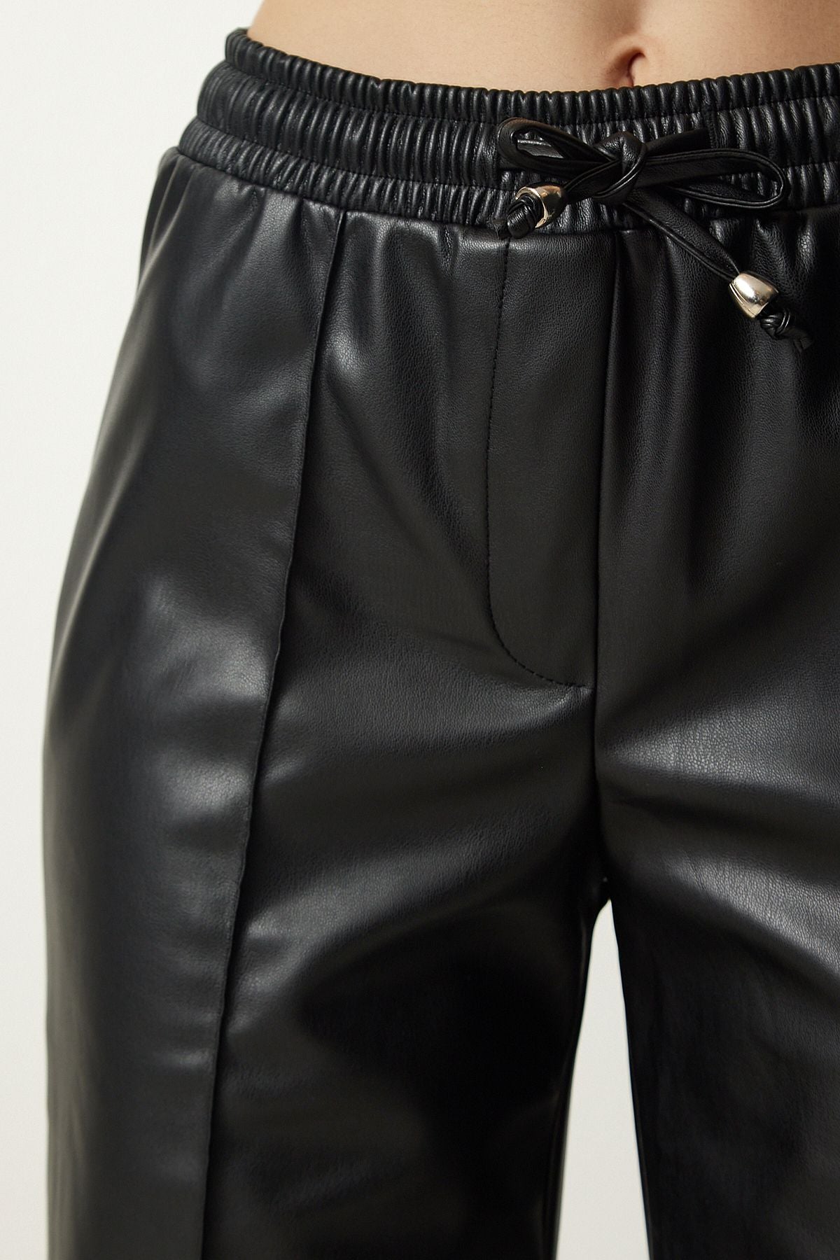 Female Black Premium Laced Artificial Leather Pants FN03156
