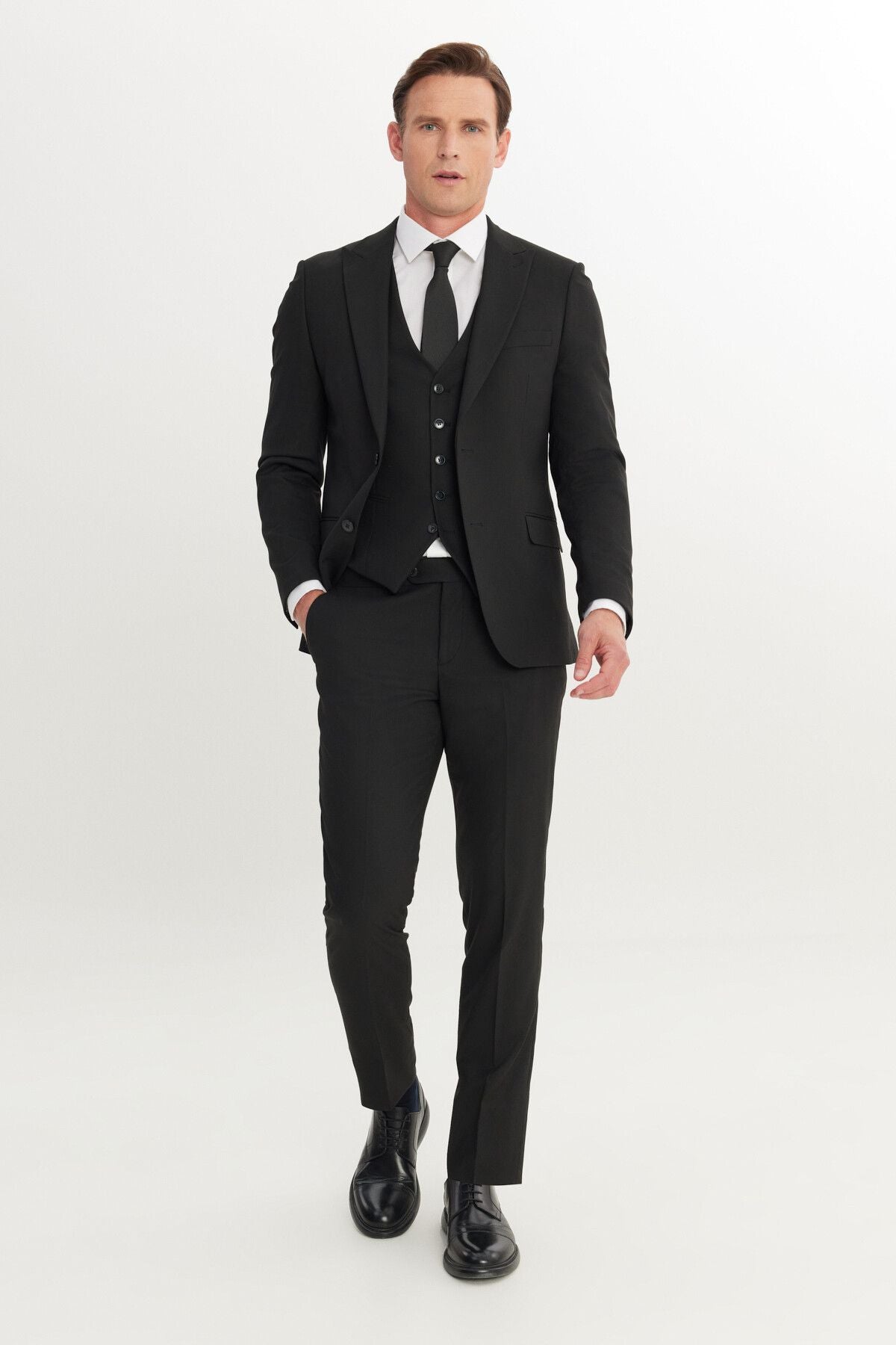 Men's Black Slim Fit Narrow Cut Swallow Cover Cep Cep Wit with Vest Suit