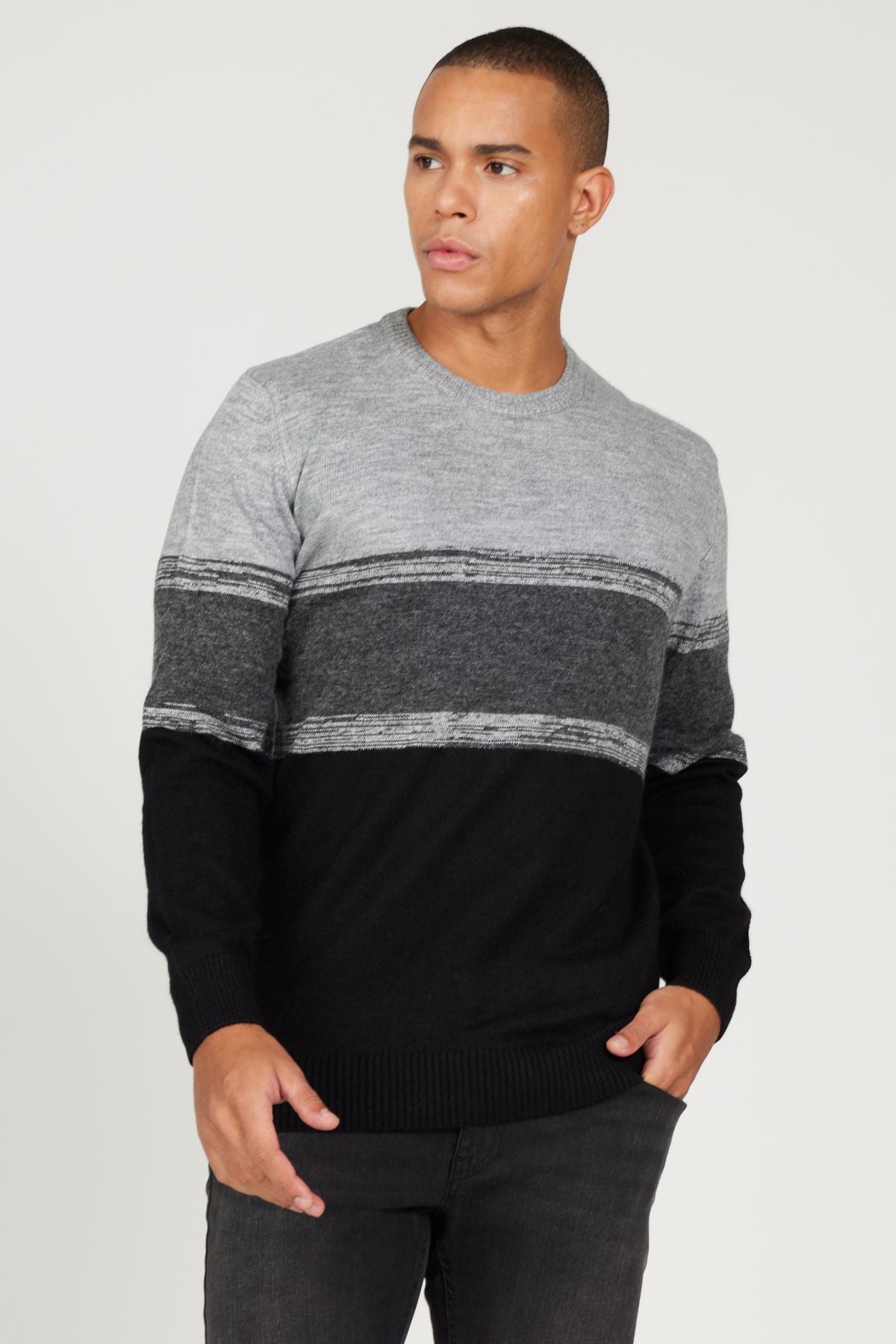 Men's Gray-Black Standard Fit Normal Cut Normal Cycling Bicycle Knitwear Kazakh