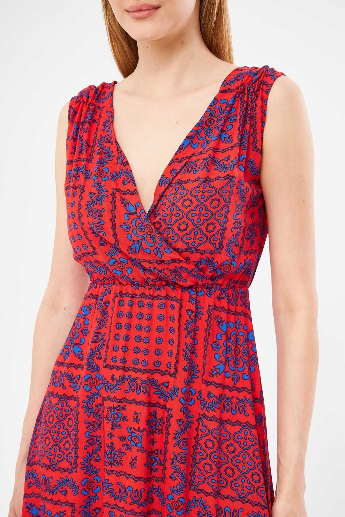 Female coral patterned waist and shoulder tire-cruve collar midi height skirt dress ARM-24Y001052