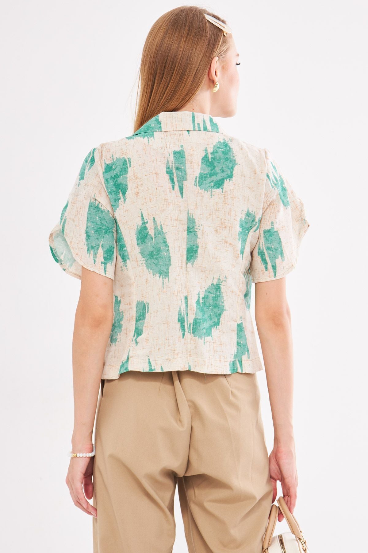 Female green linen-looking patterned handle slit Crop Short Sleeve Jacket ARM-24Y001095