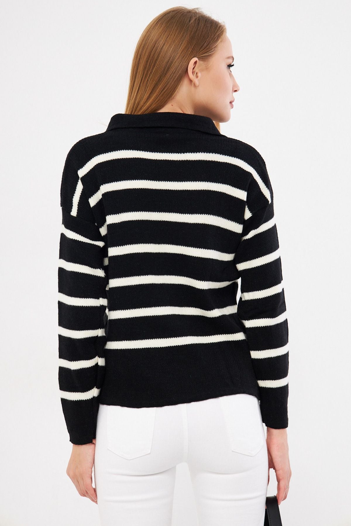 Female Black striped Polo Yaka Knitwear Sweater ARM-22Y012006