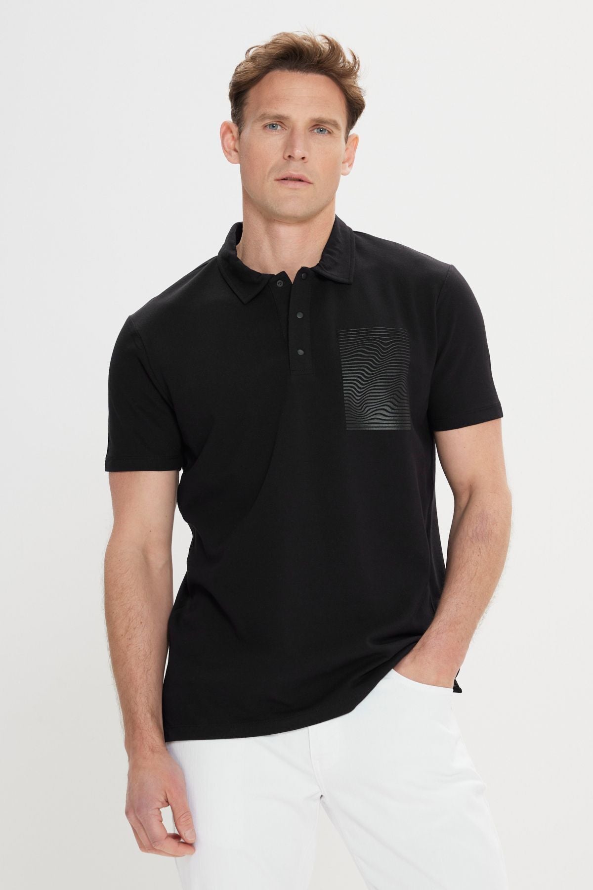 Men's black slim fit narrow cut 100 %cotton printed Polo Yaka T -shirt