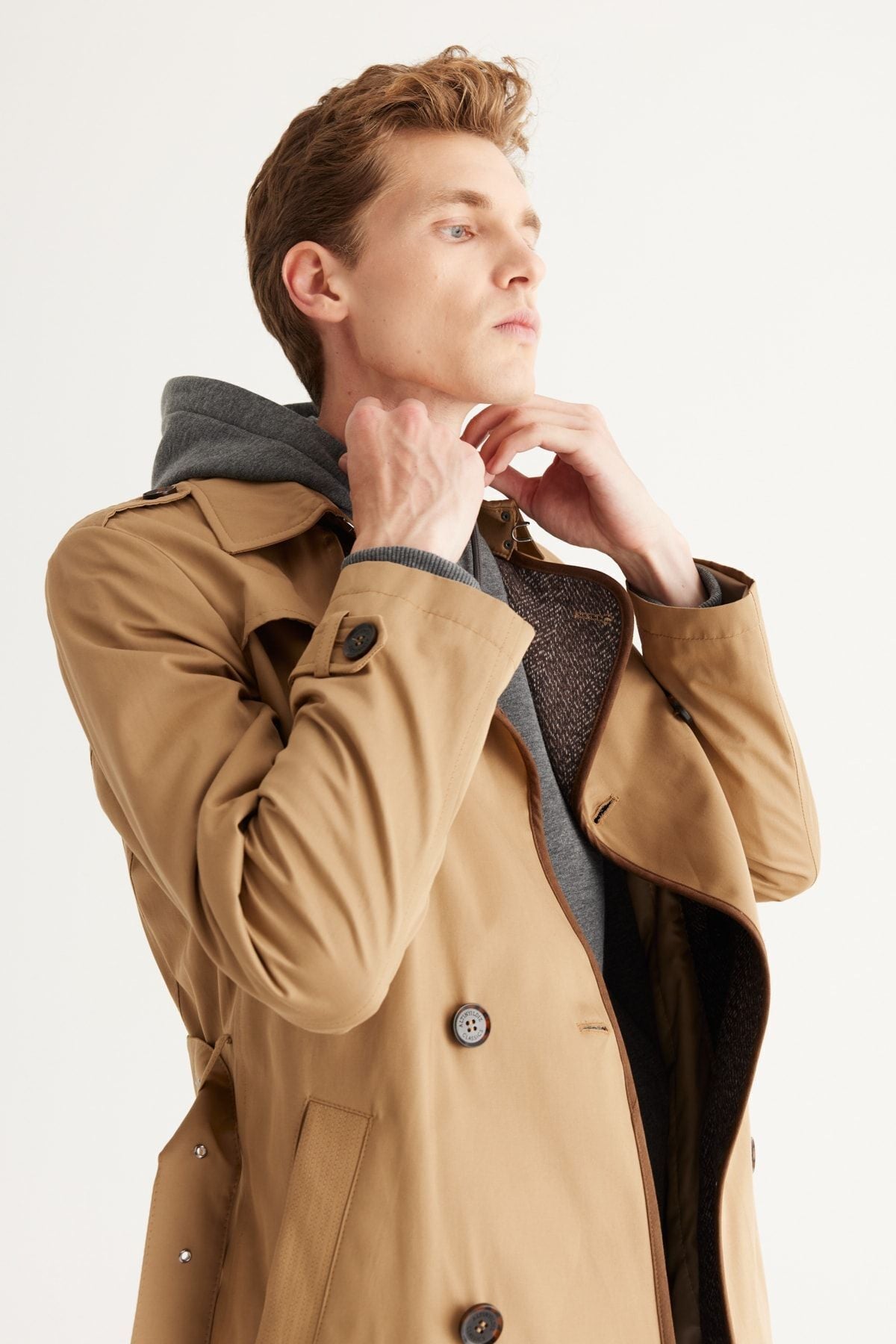 Men's beige standard fit normal cut shirt shirt collar cotton trench coat