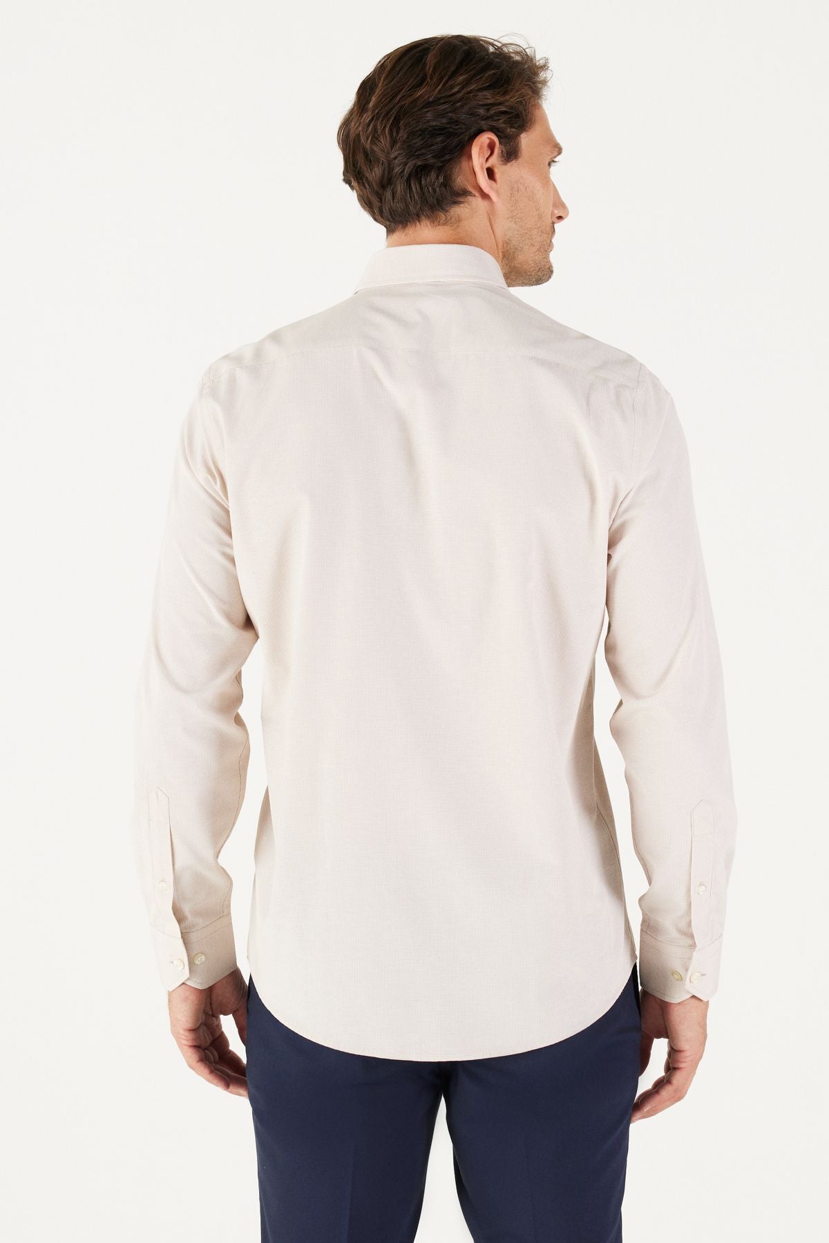 Men's Beige Slim Fit Narrow Cut Oxford buttoned collar pududo cotton shirt