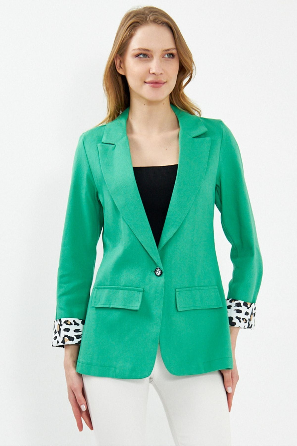 Female Green DEKAEKSİ Jacket Jacket Pocket Cover Arm-leopard Arm-24Y001039