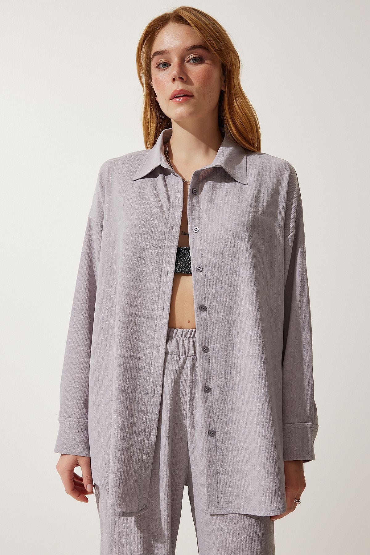 Women's gray comfortable knitted shirt pants set KH00090