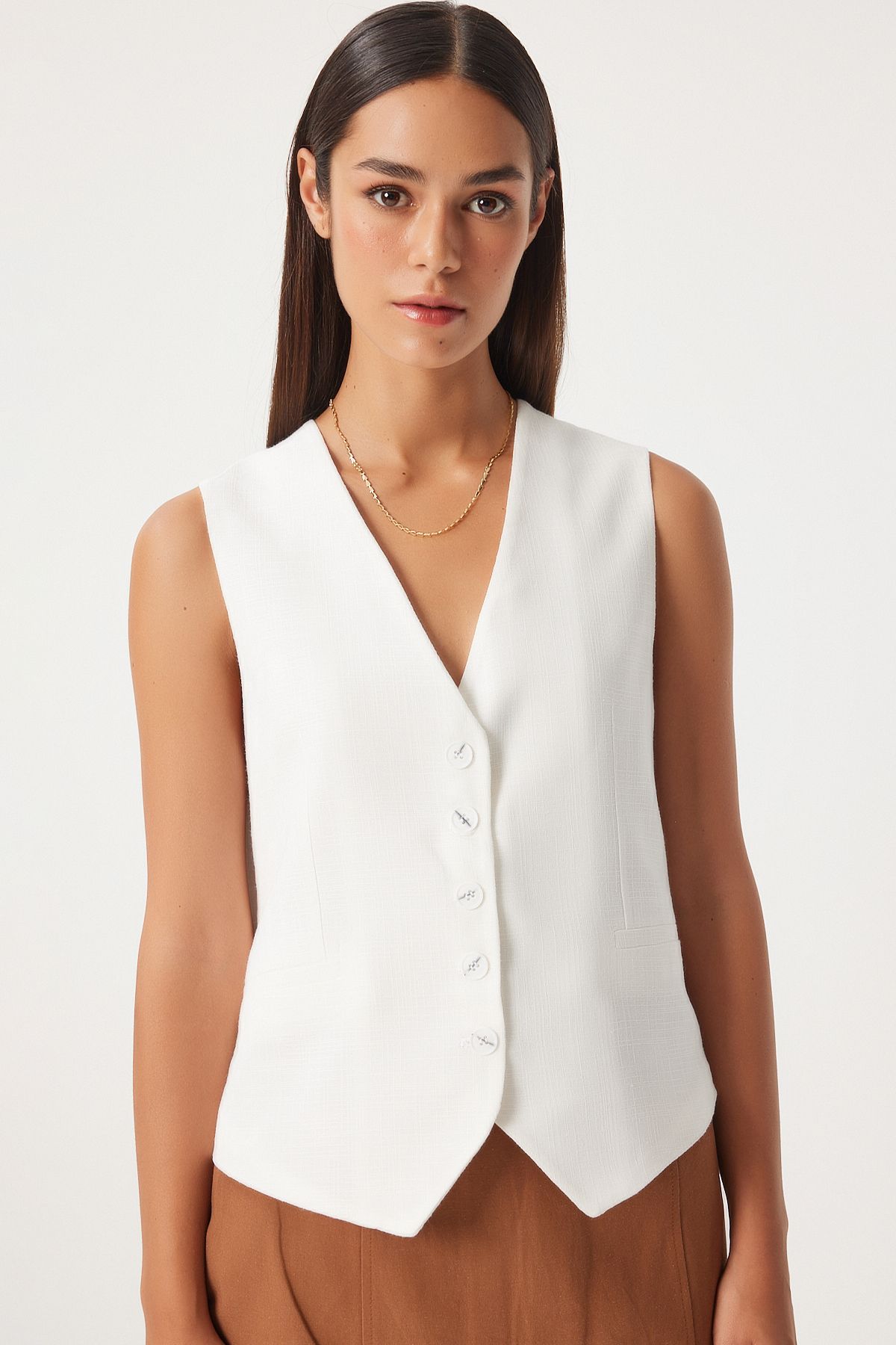 WOMEN WHITE but button closure linen vest DP00207