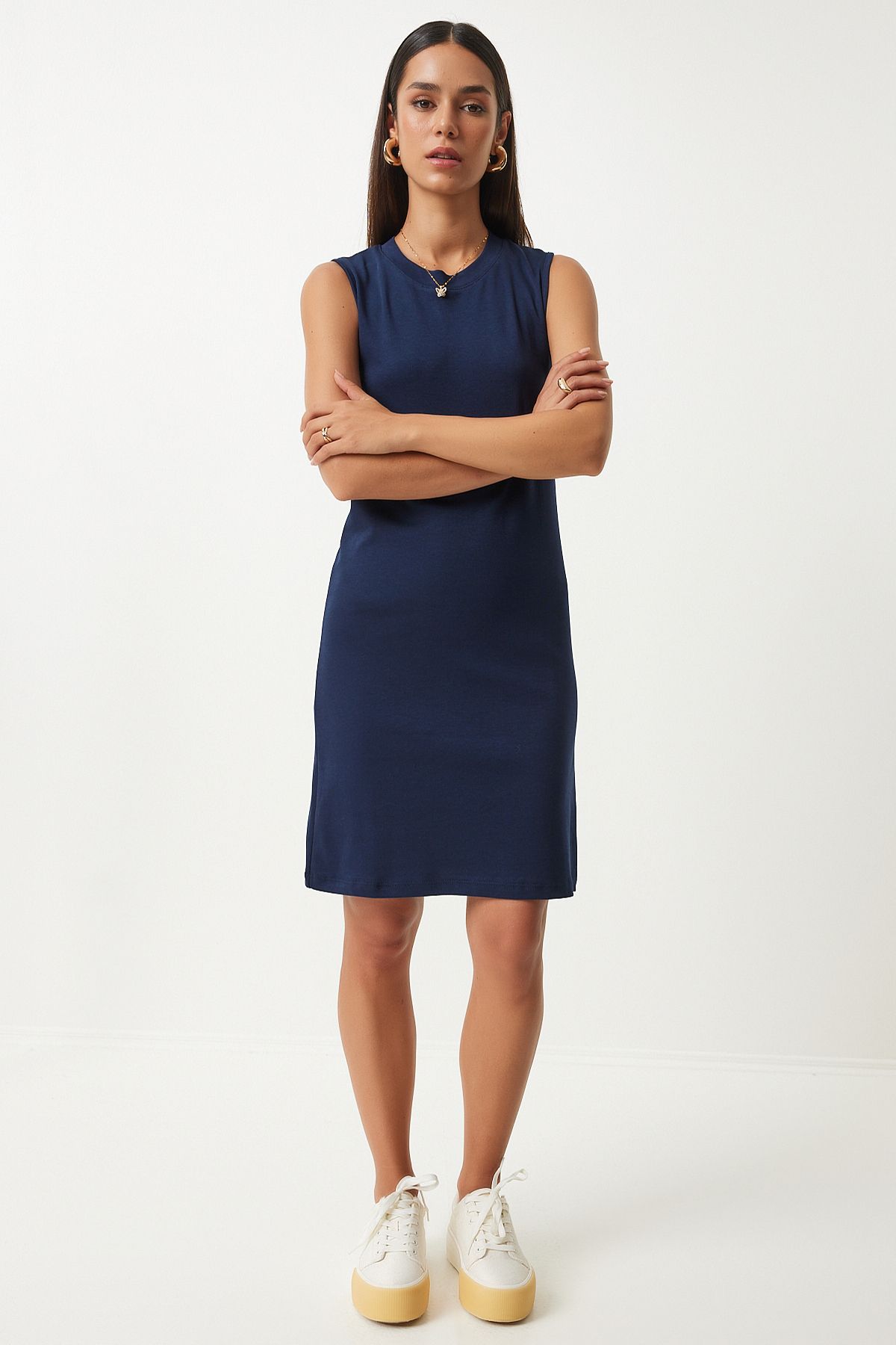 Woman Navy blue Sleeveless Daily Combed Dress OW00046